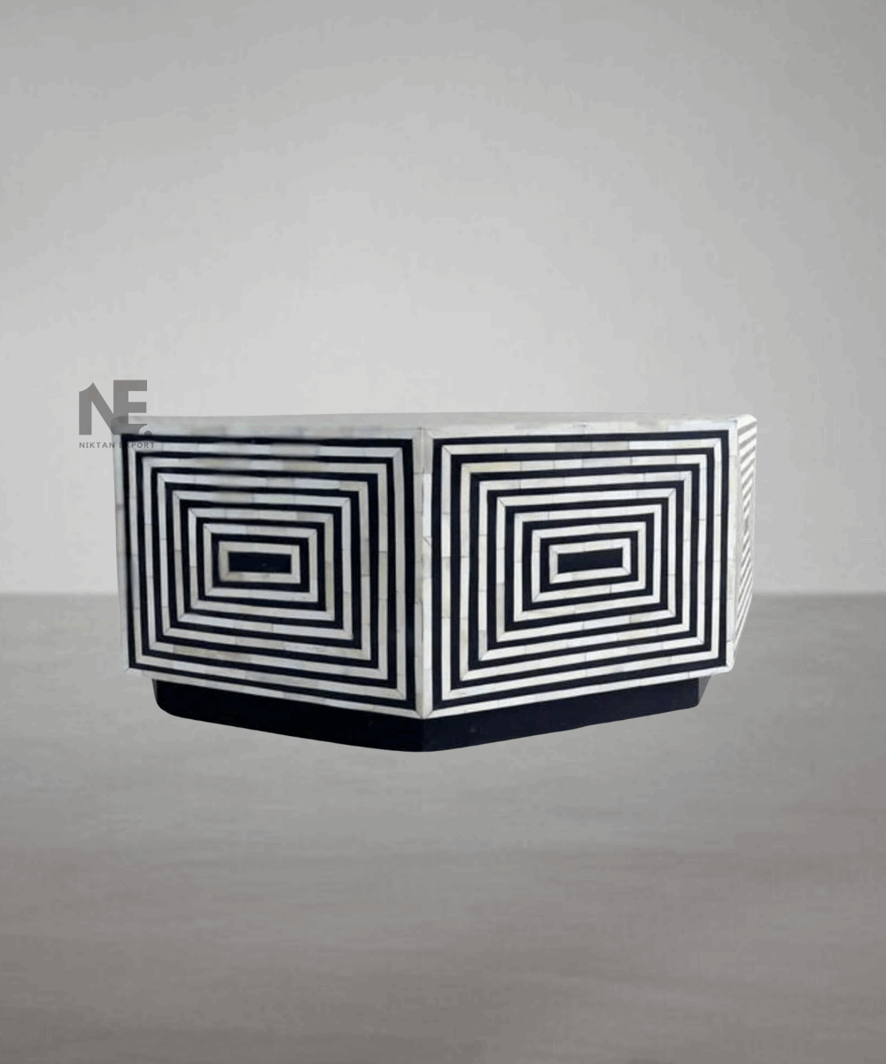 Close-up of camel bone and mother of pearl inlay pattern on coffee table