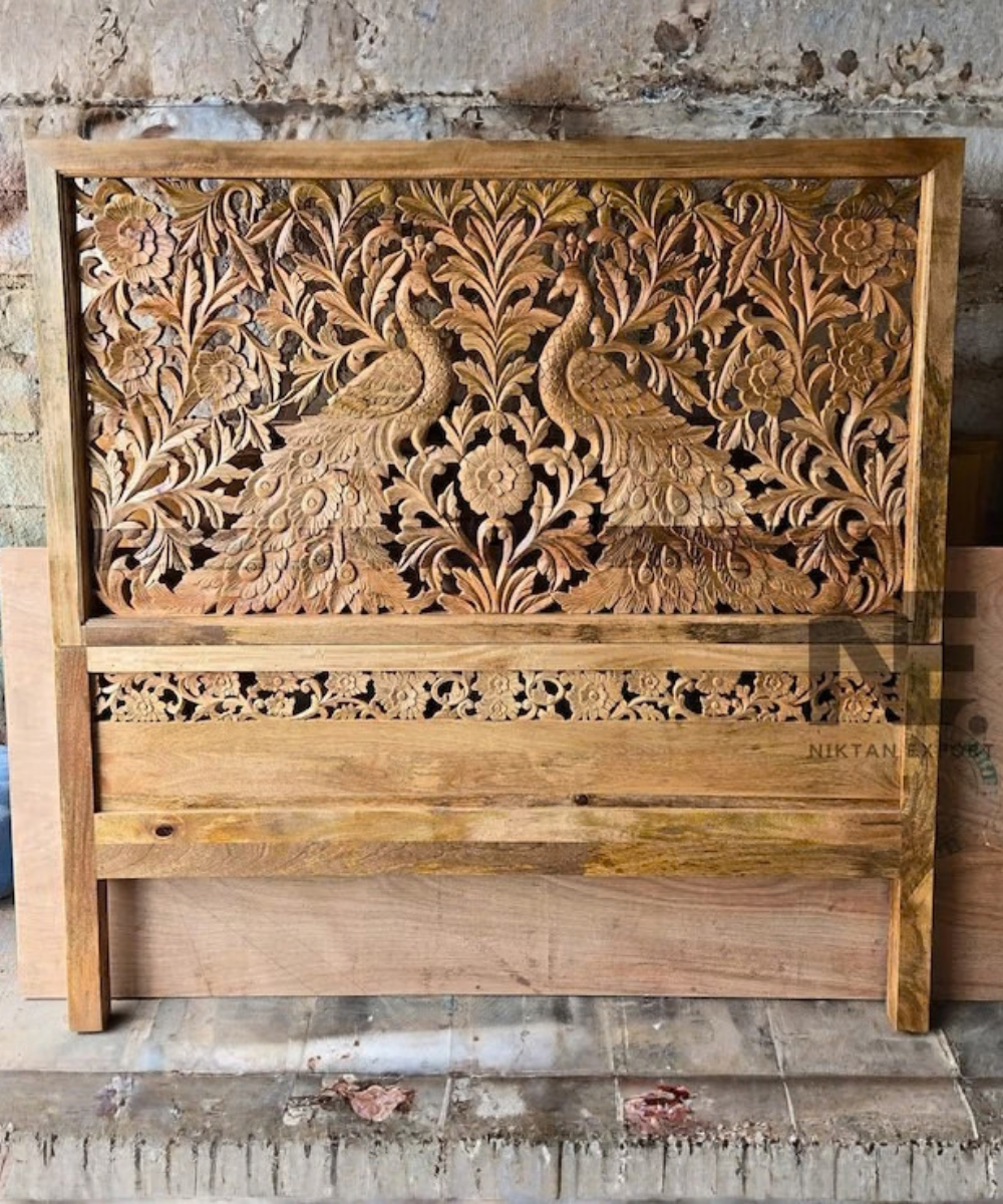 Hand-Carved Mango Wood Bed Peacock Floral Headboard & Footboard