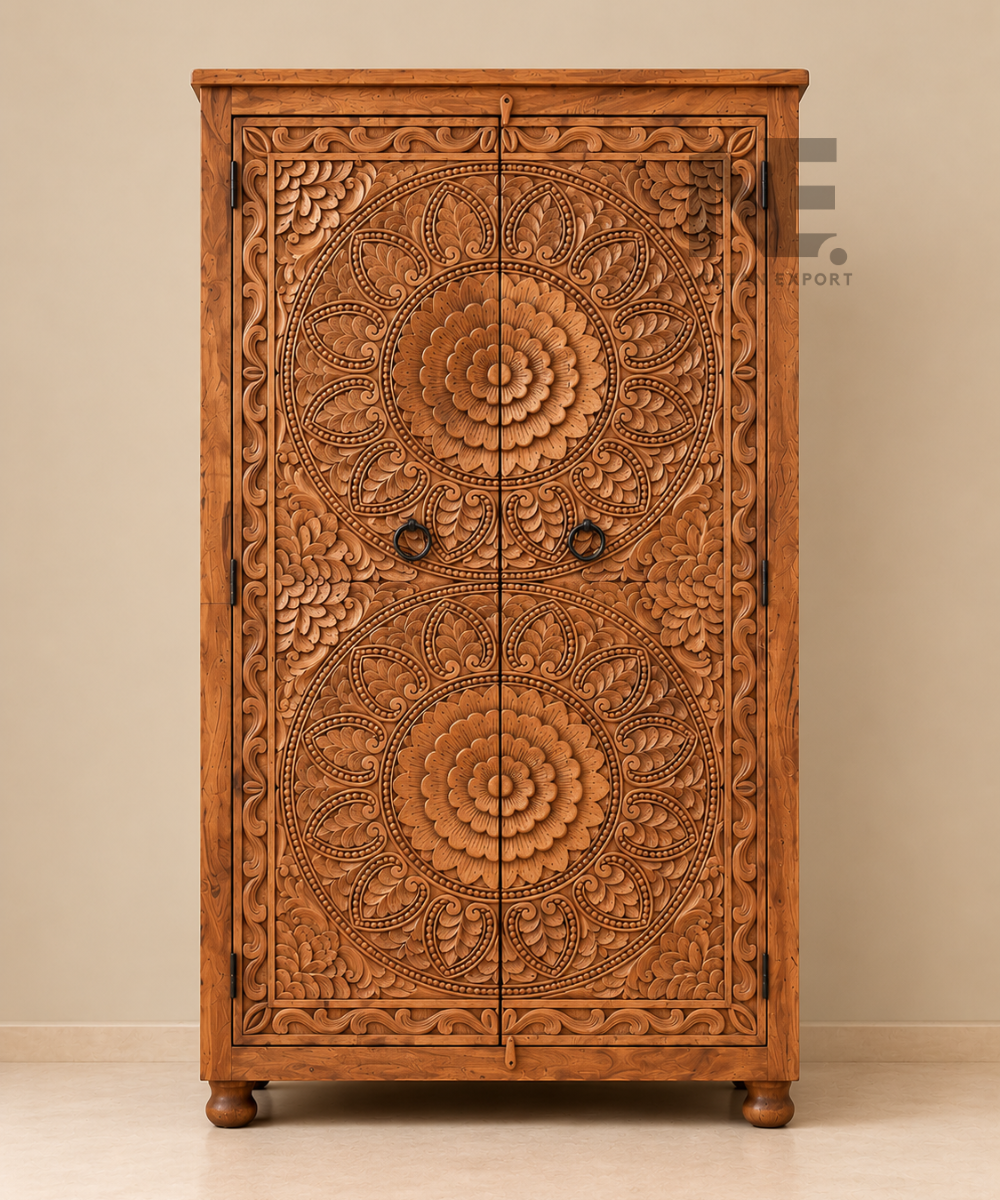 Close-up of floral mandala carving on wooden armoire