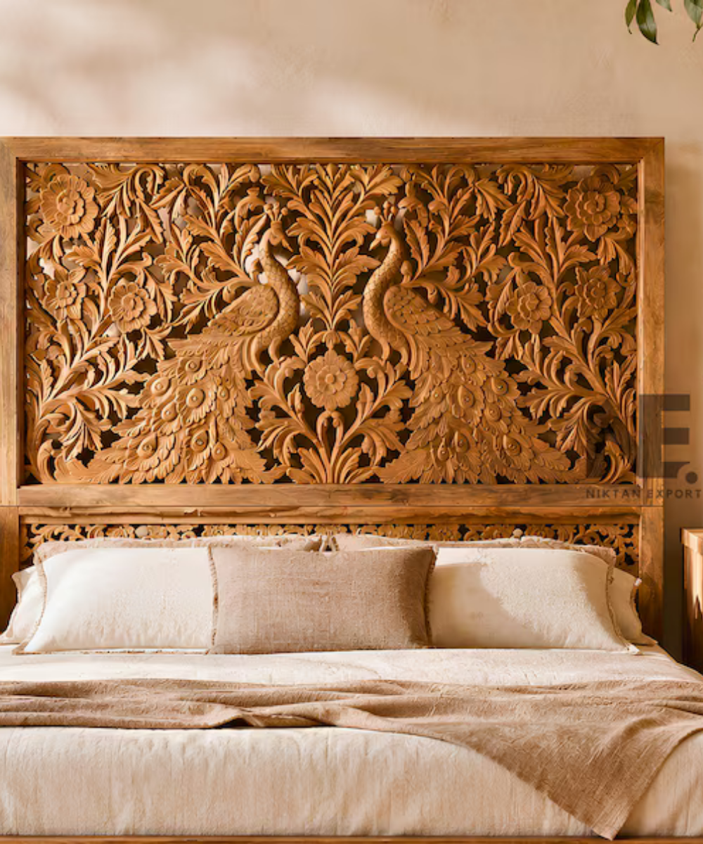 Hand-Carved Mango Wood Bed Peacock Floral Headboard & Footboard