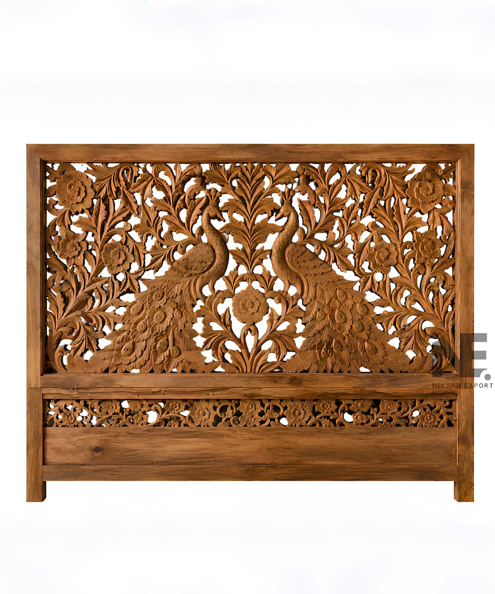 Hand-Carved Mango Wood Bed Peacock Floral Headboard & Footboard