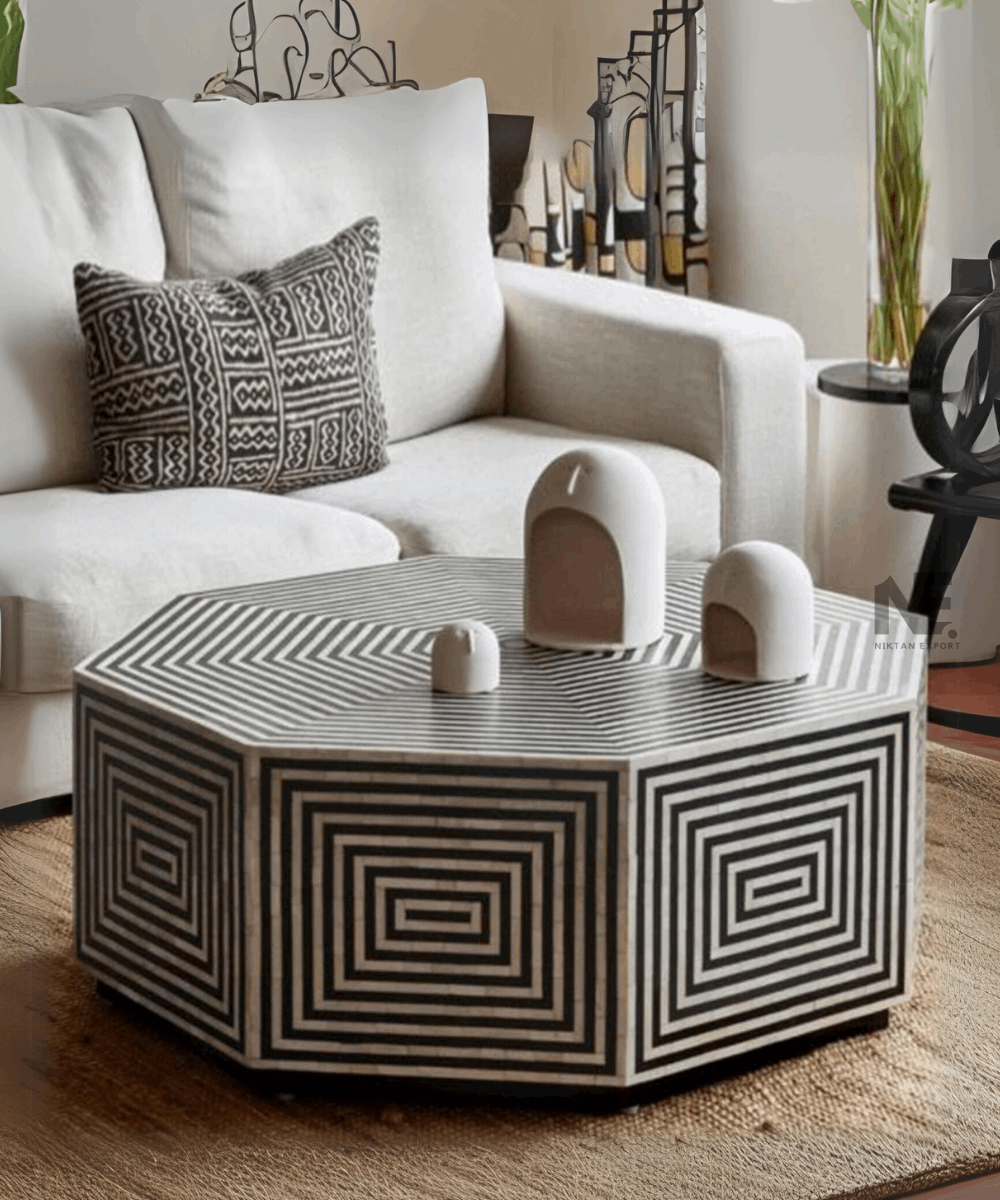 Hexagon bone inlay coffee table with black matte finish and brass base, front view