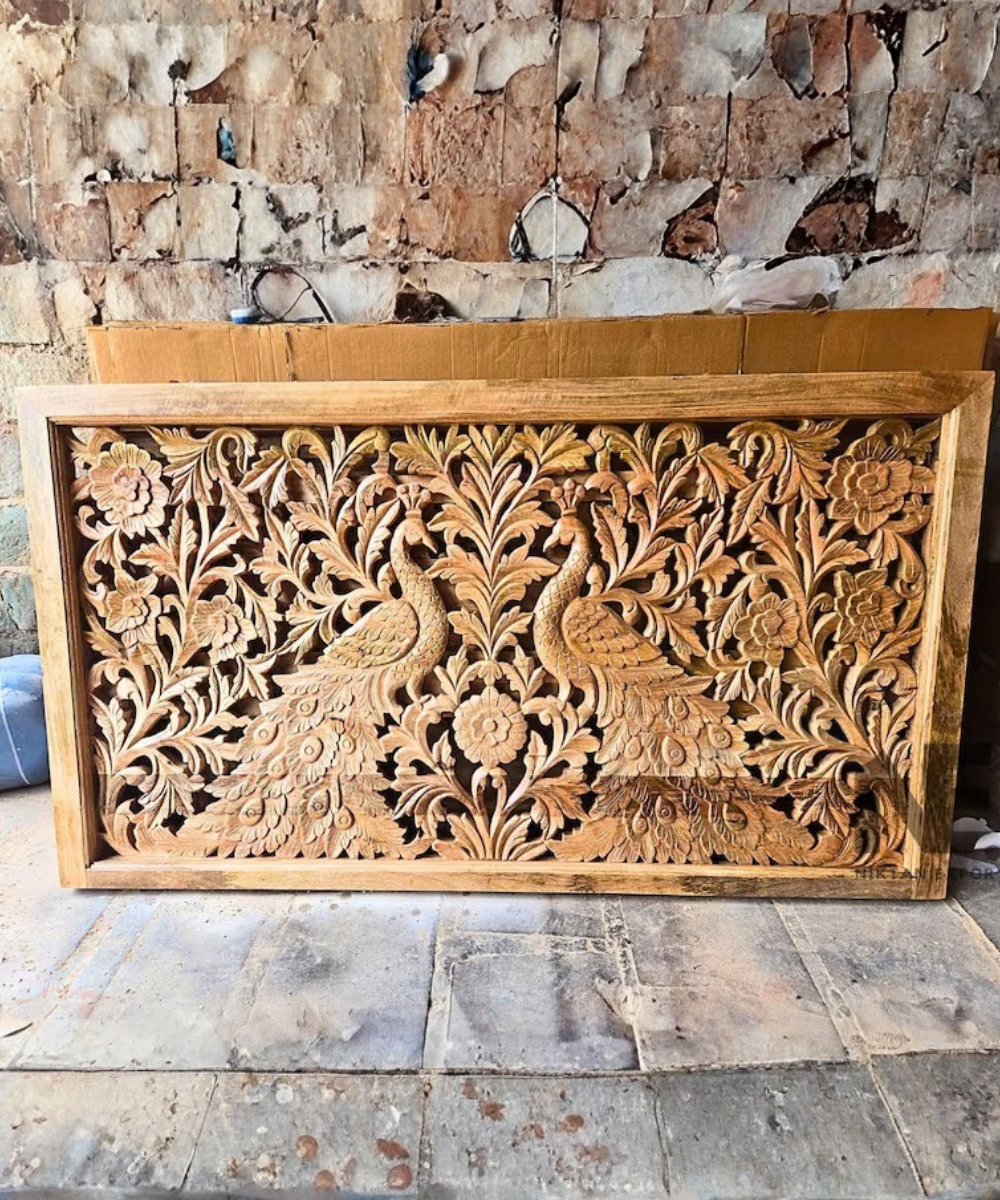 Hand-Carved Mango Wood Bed Peacock Floral Headboard & Footboard