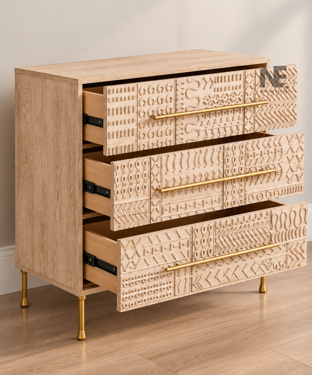 Light wood dresser with long brass-tone handles