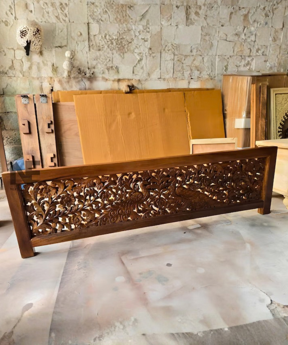 Hand-Carved Mango Wood Bed Peacock Floral Headboard & Footboard