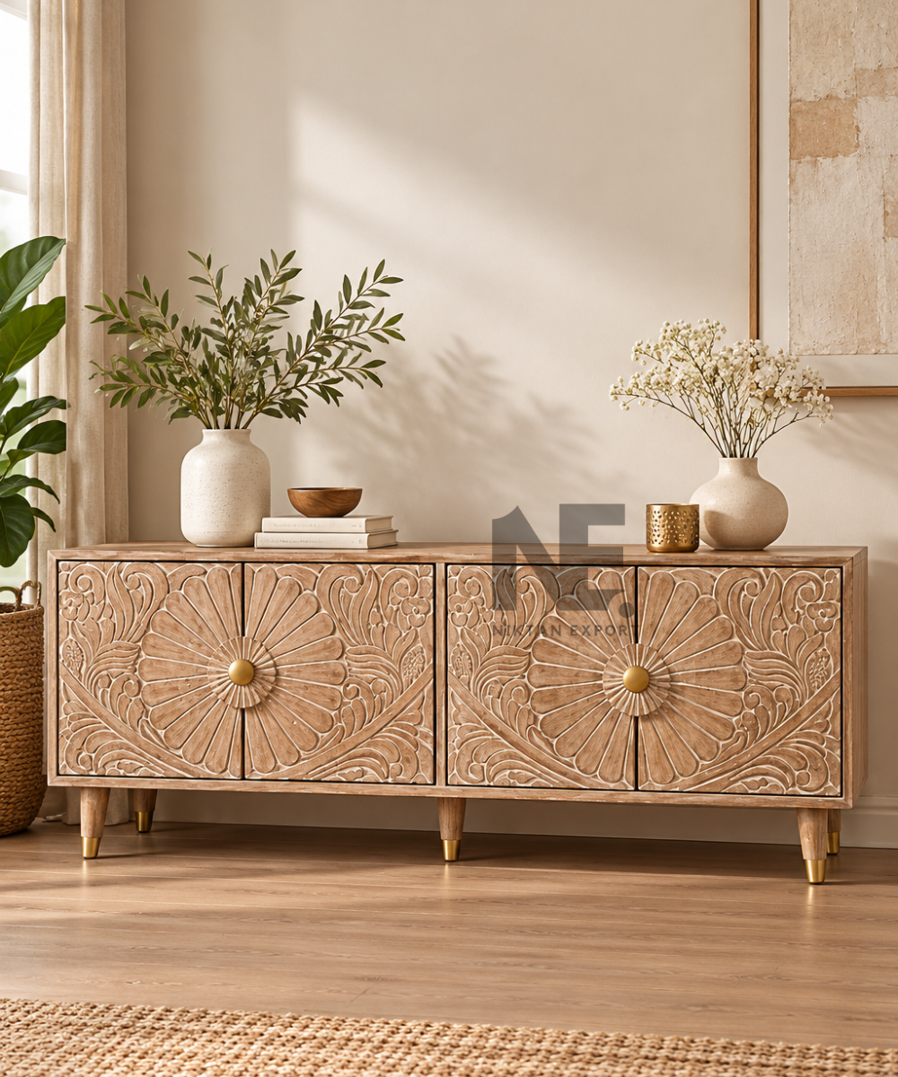 Floral carved wooden sideboard with four decorative panels
