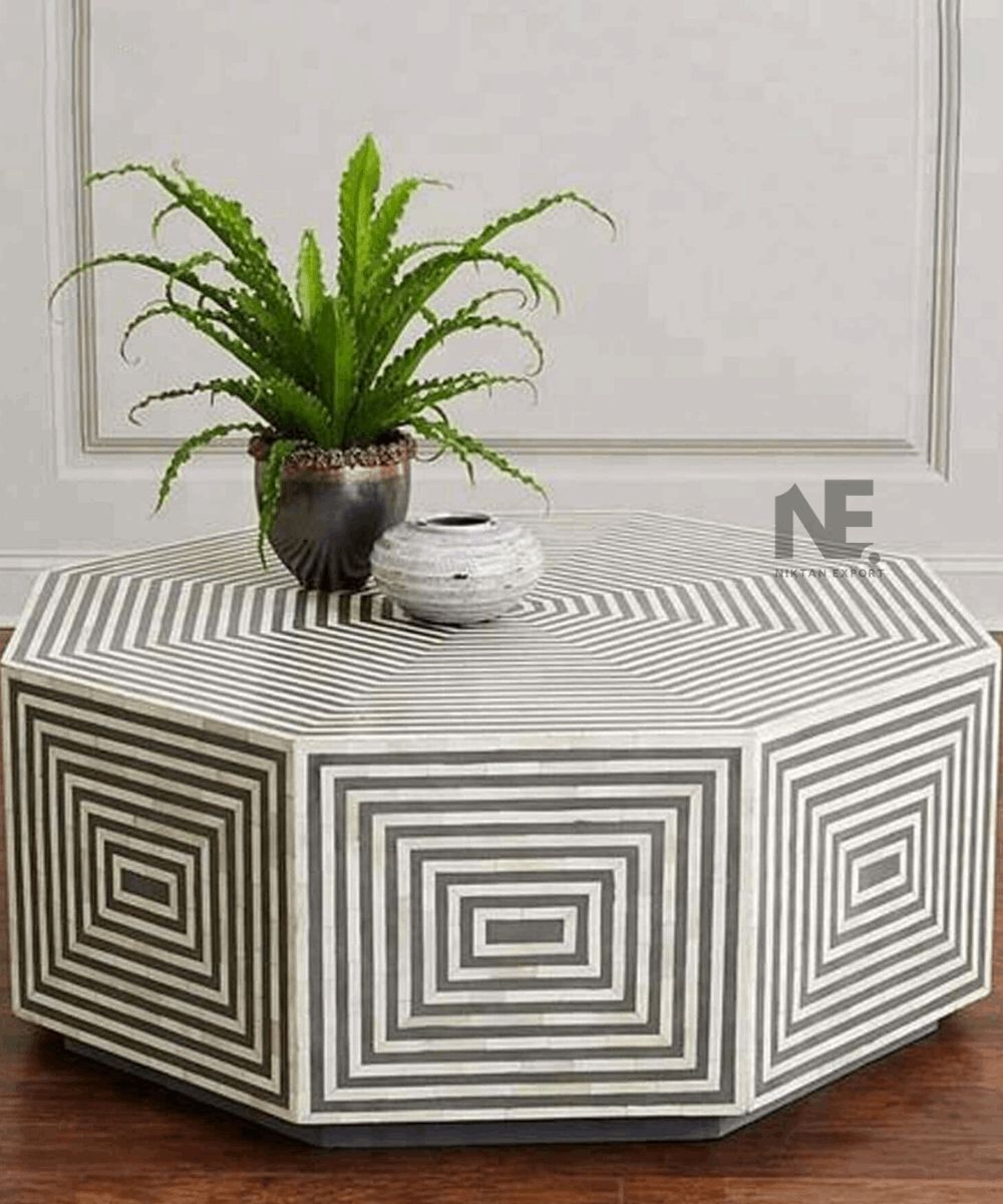 Handmade hexagon bone inlay coffee table in elegant grey finish