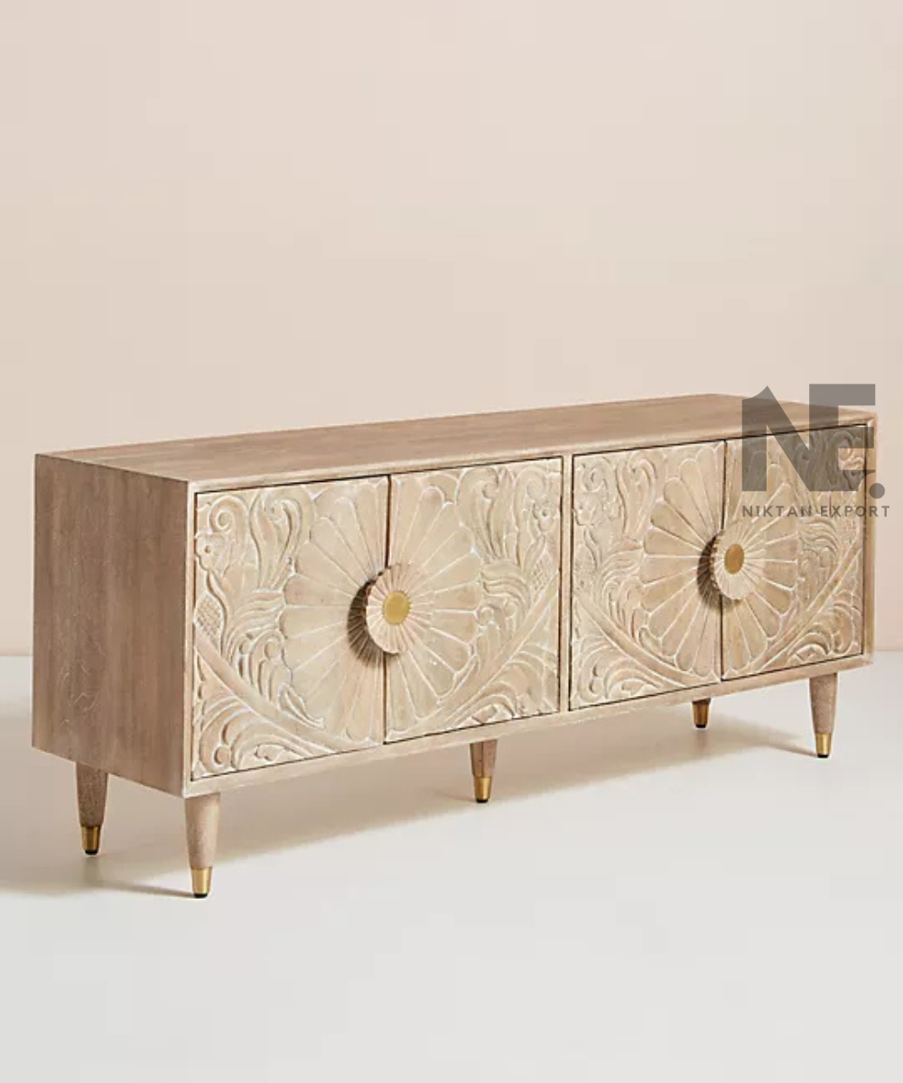 Wooden sideboard with oversized flower motifs on the doors

