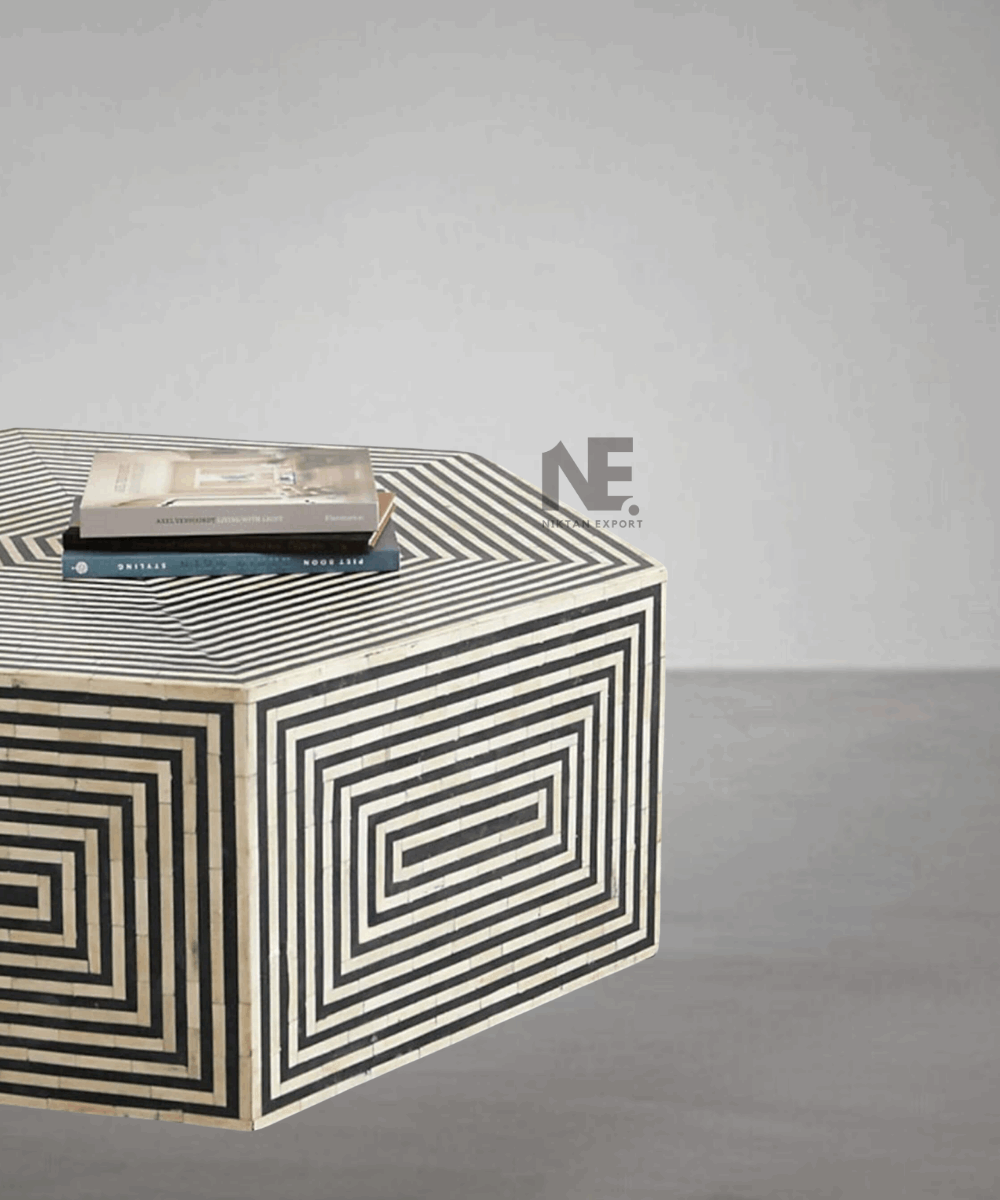 Hexagon-shaped coffee table with intricate handcrafted patterns