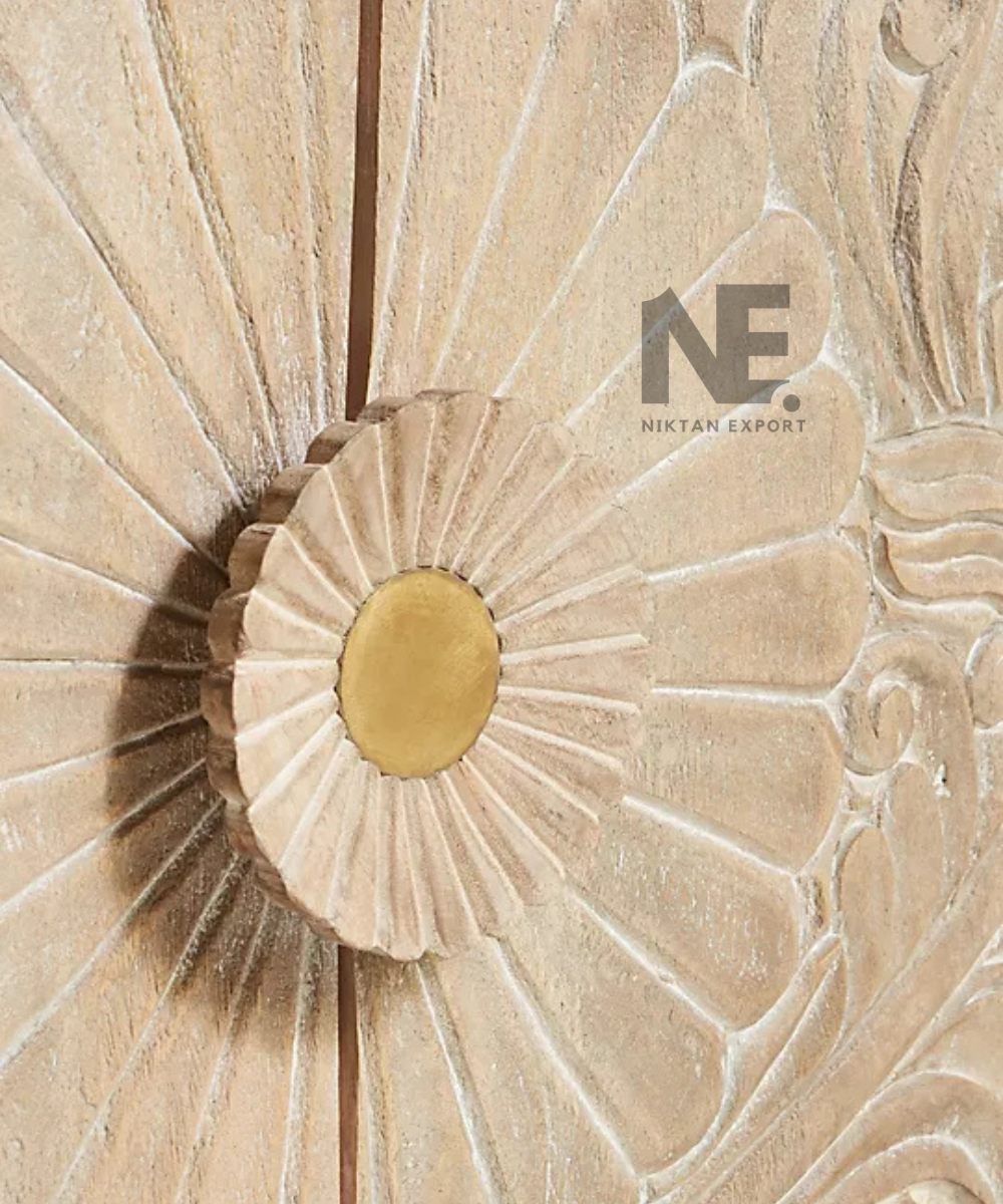 Close-up of floral ornamental patterns on sideboard doors