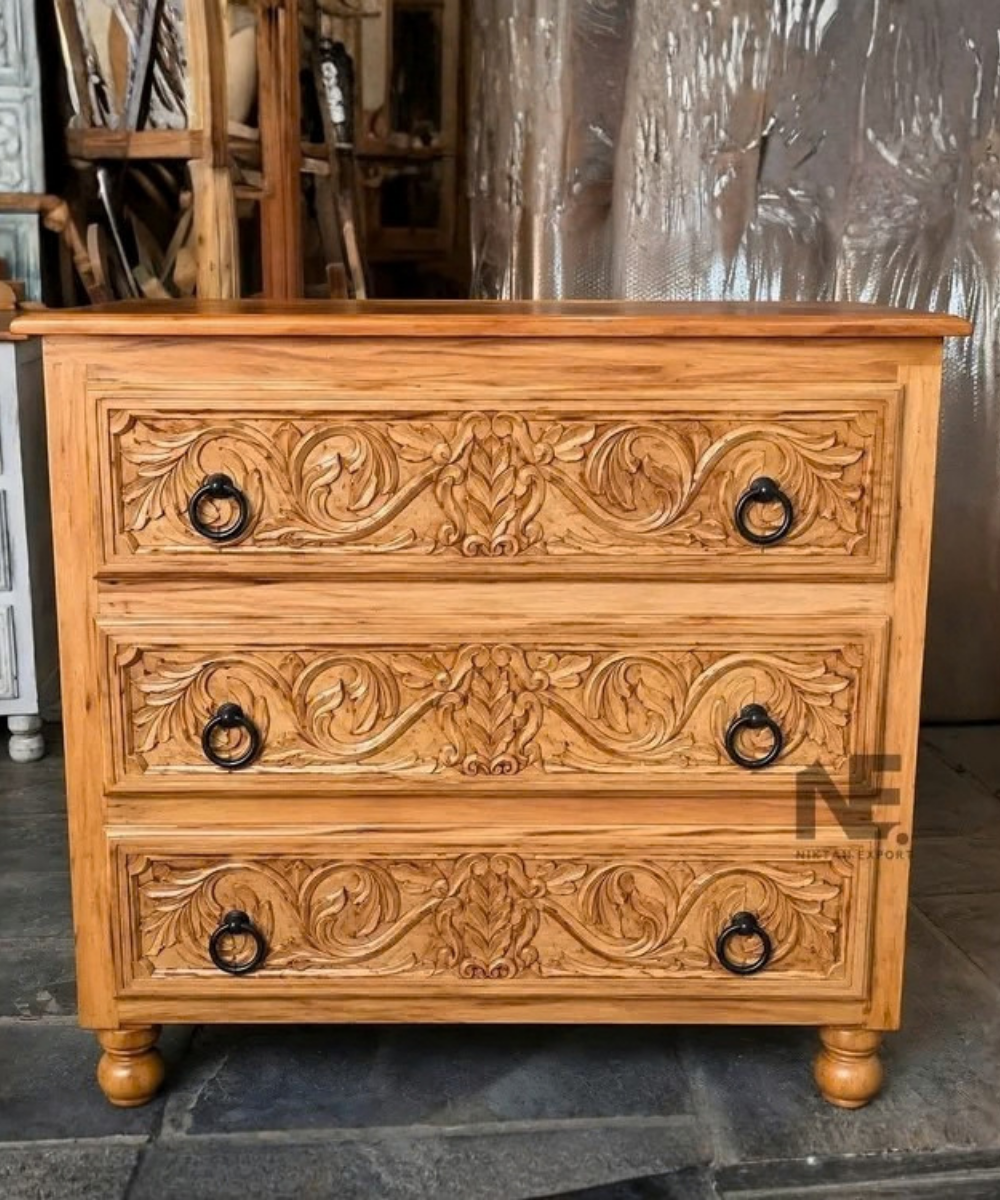 3 drawer hand carved mango wood dresser
