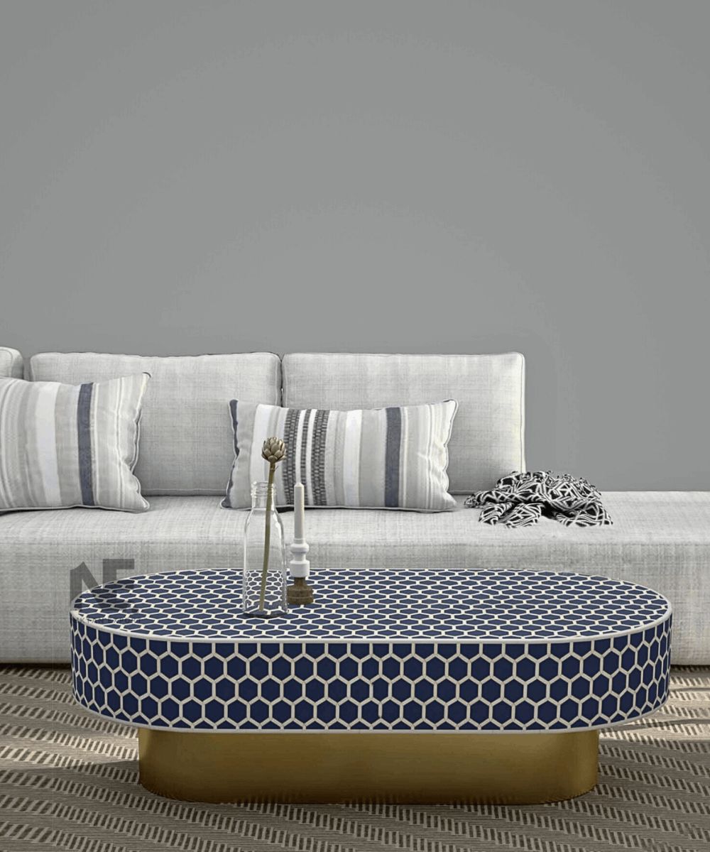 Honeycomb bone inlay coffee table in indigo with brass base – angled front view
