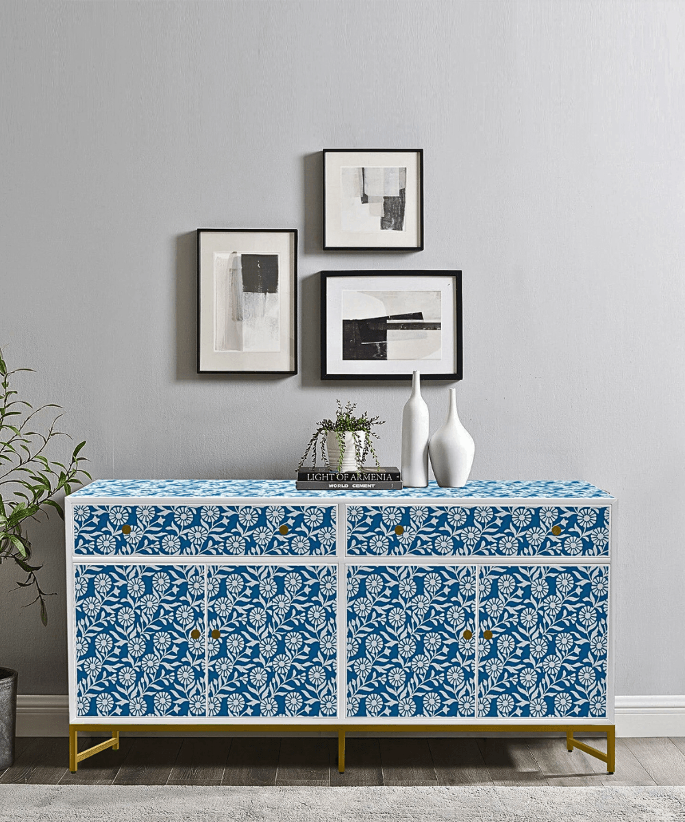 Niktan Export Teal Bloom Bone Inlay Sideboard in Matte Finish - NikTan Export