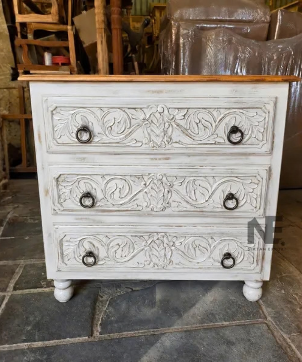 solid mango wood chest of drawers with floral carving