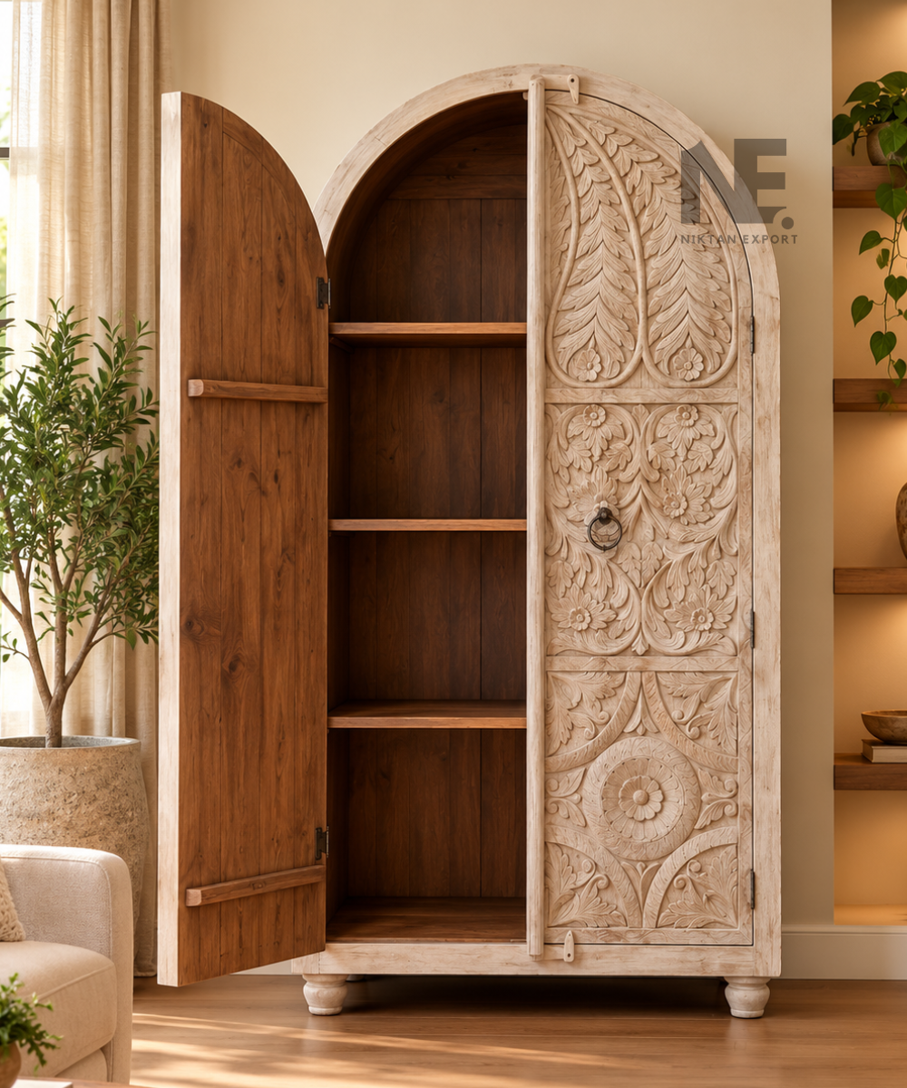 Tall arched wooden storage cabinet with decorative double doors