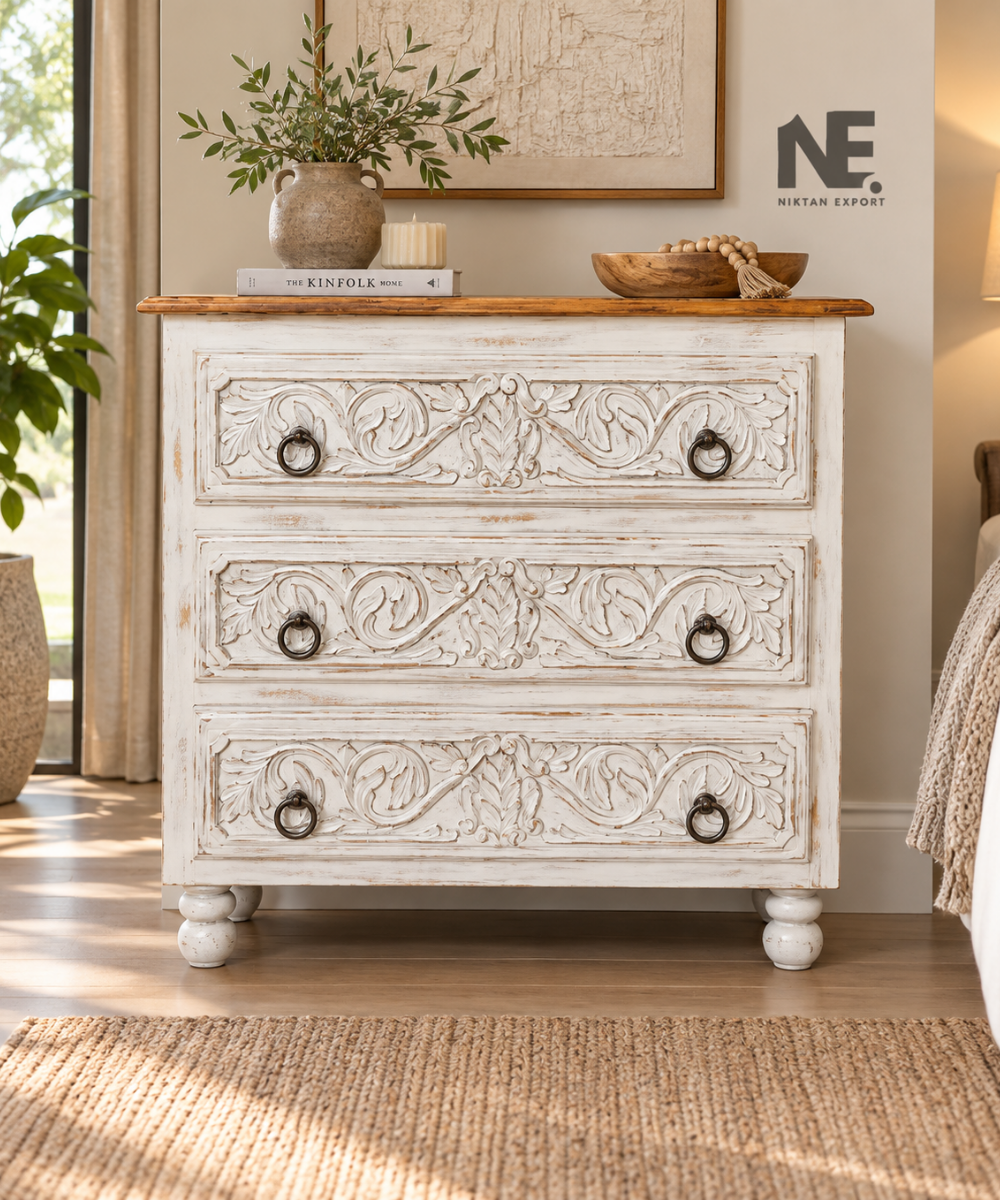 floral carved mango wood dresser