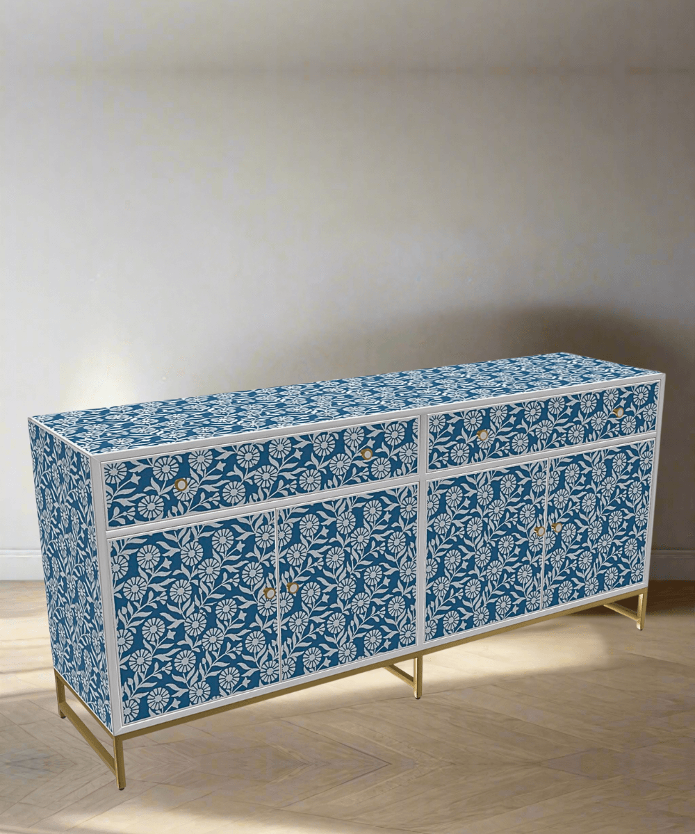 Niktan Export Teal Bloom Bone Inlay Sideboard in Matte Finish - NikTan Export