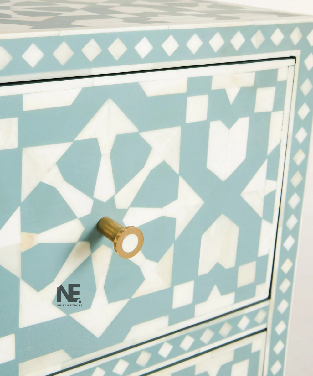 Close-up of drawer handles and inlay joints