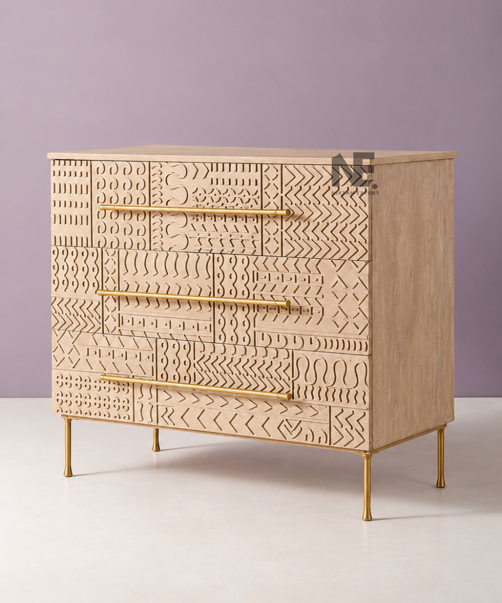 Carved wooden storage dresser with slim tapered metal legs
