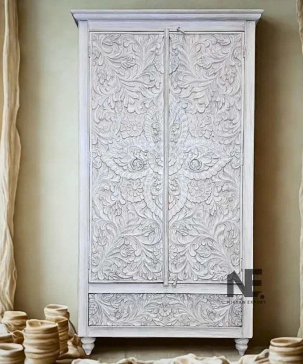 Hand-carved mango wood wardrobe with whitewashed floral doors