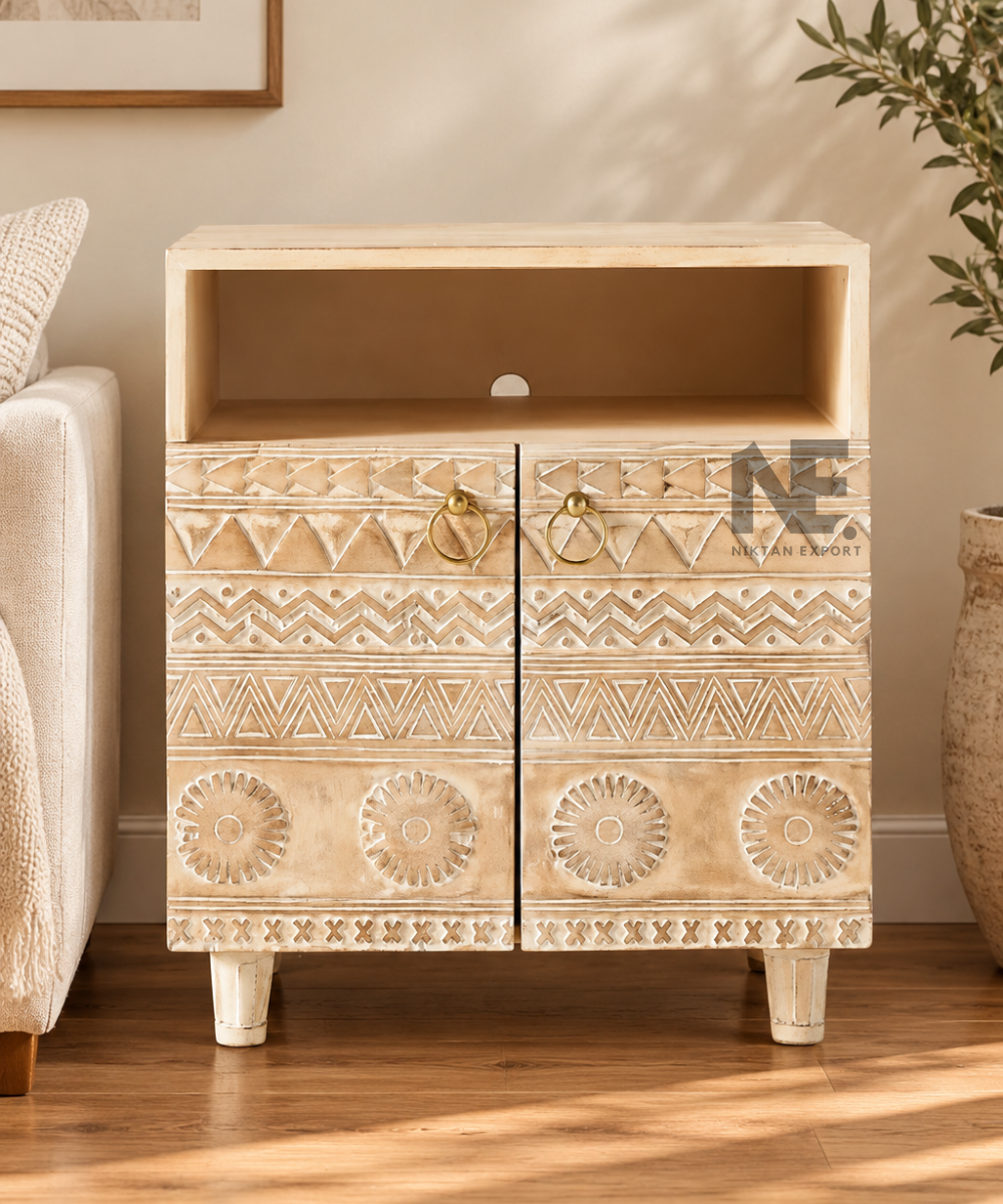 Cream carved wooden bedside cabinet with open shelf