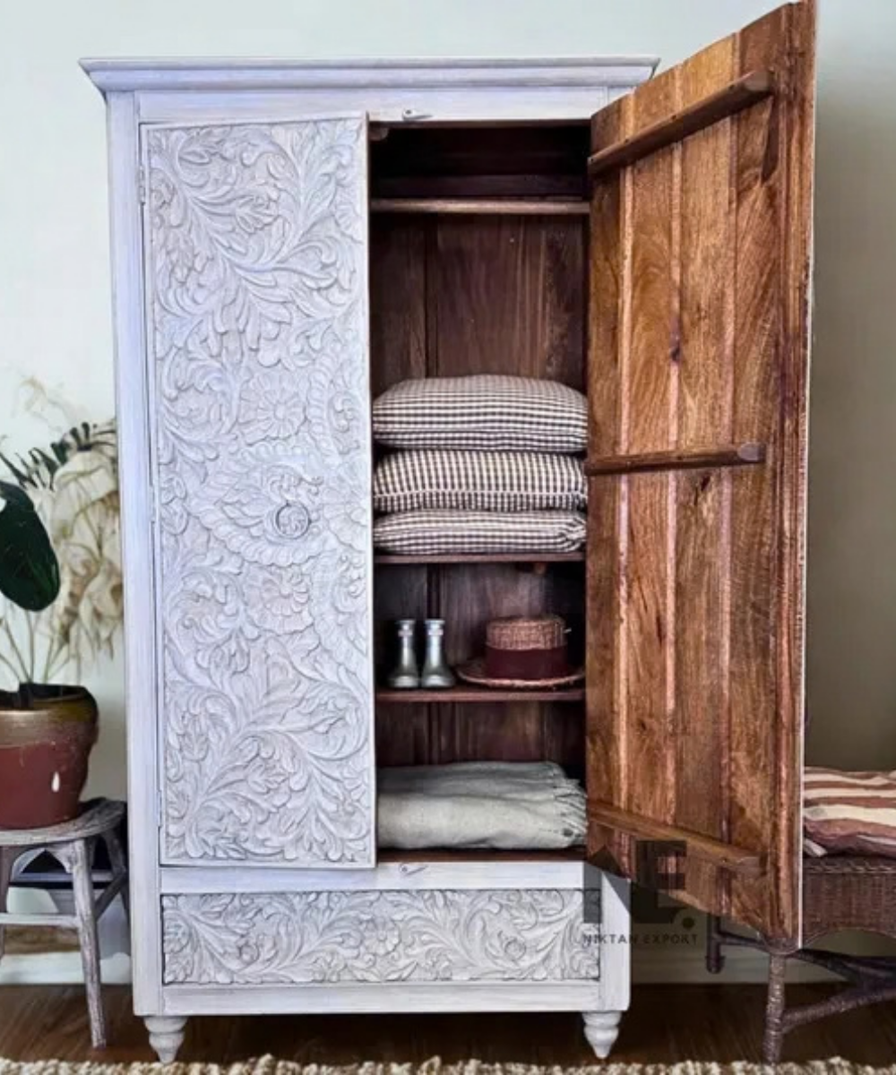 Whitewashed mango wood wardrobe handmade in India
