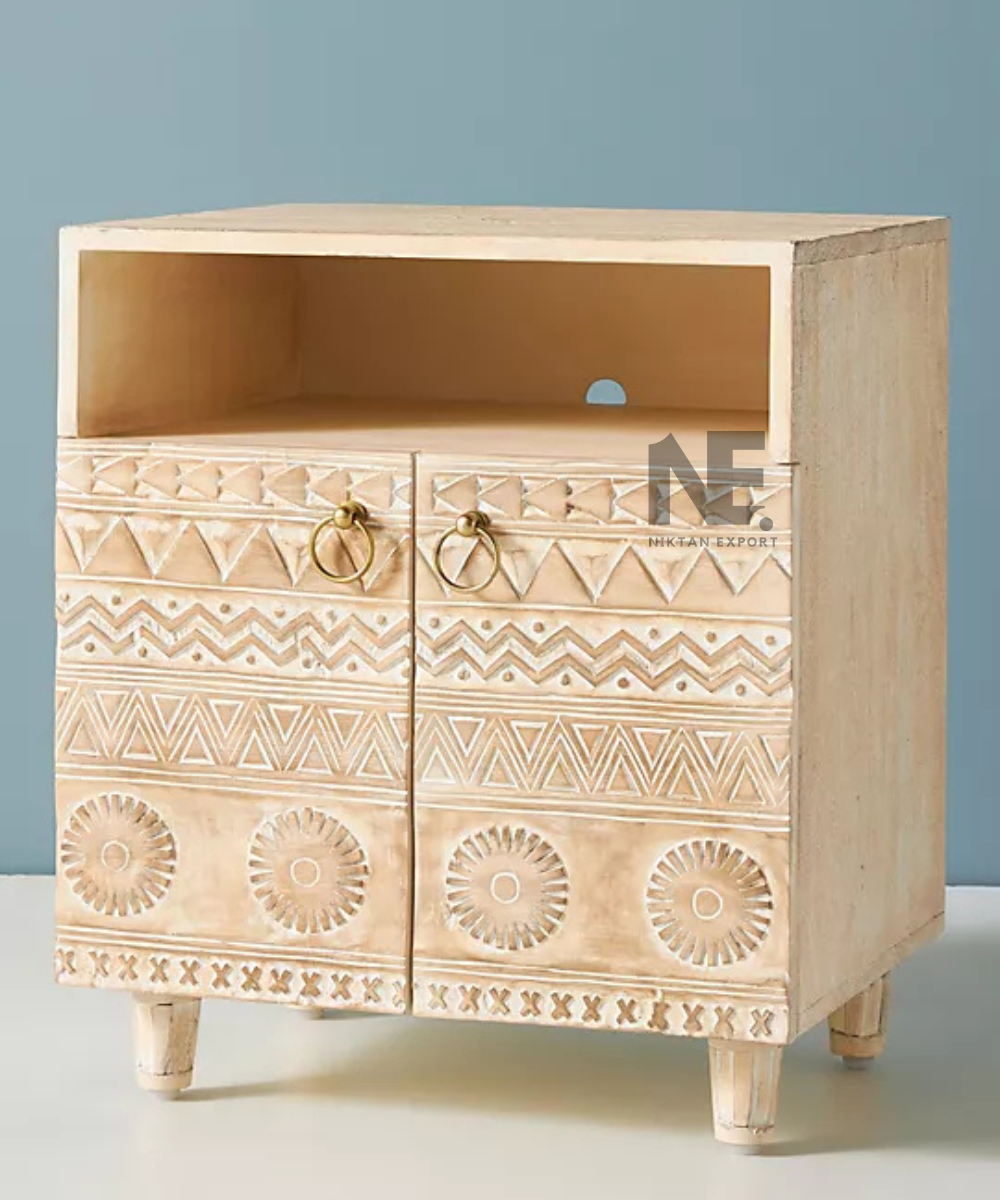 Decorative two-door bedside cabinet with brass-tone handles