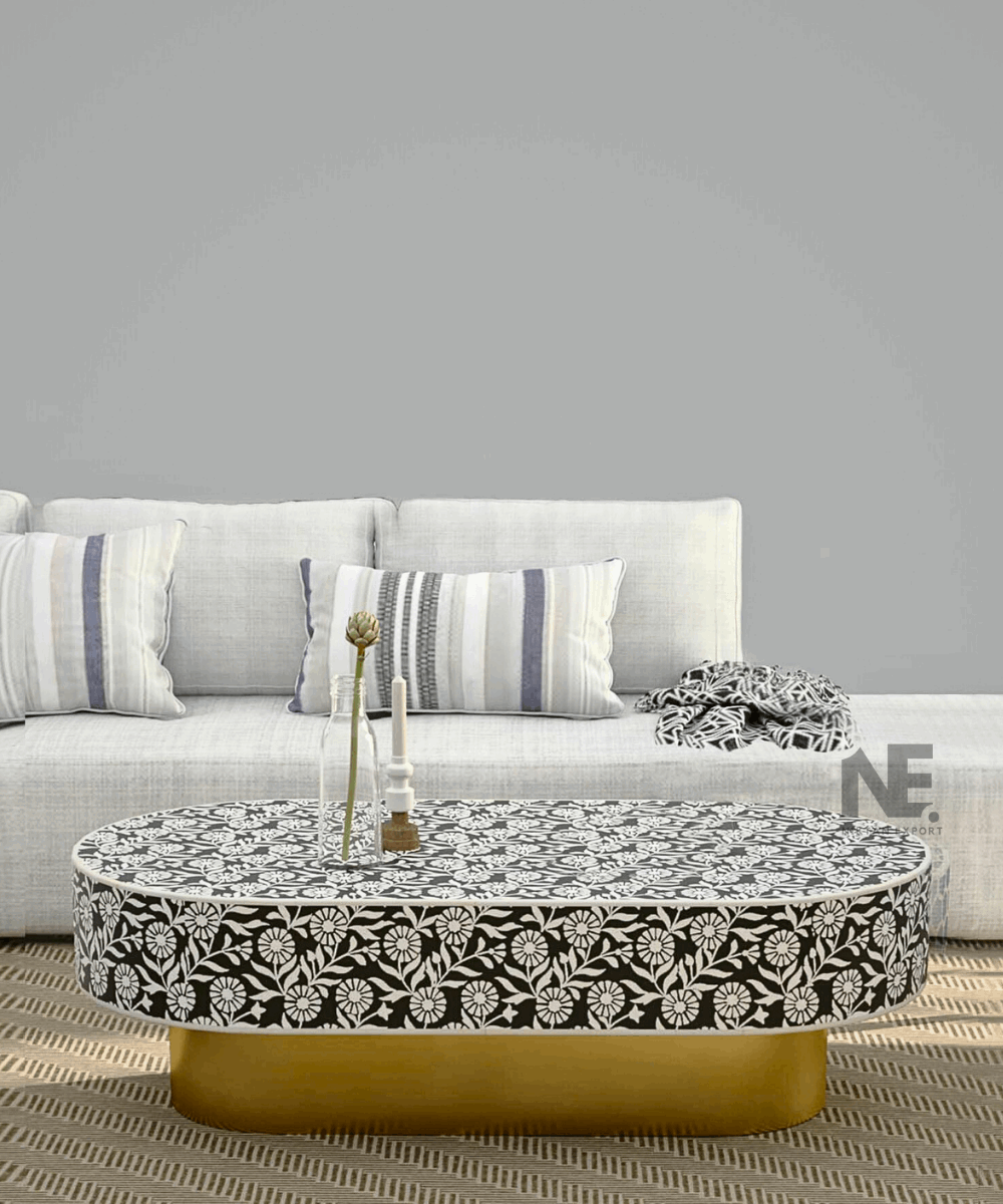 Sunflower bone inlay coffee table in black – front angled view