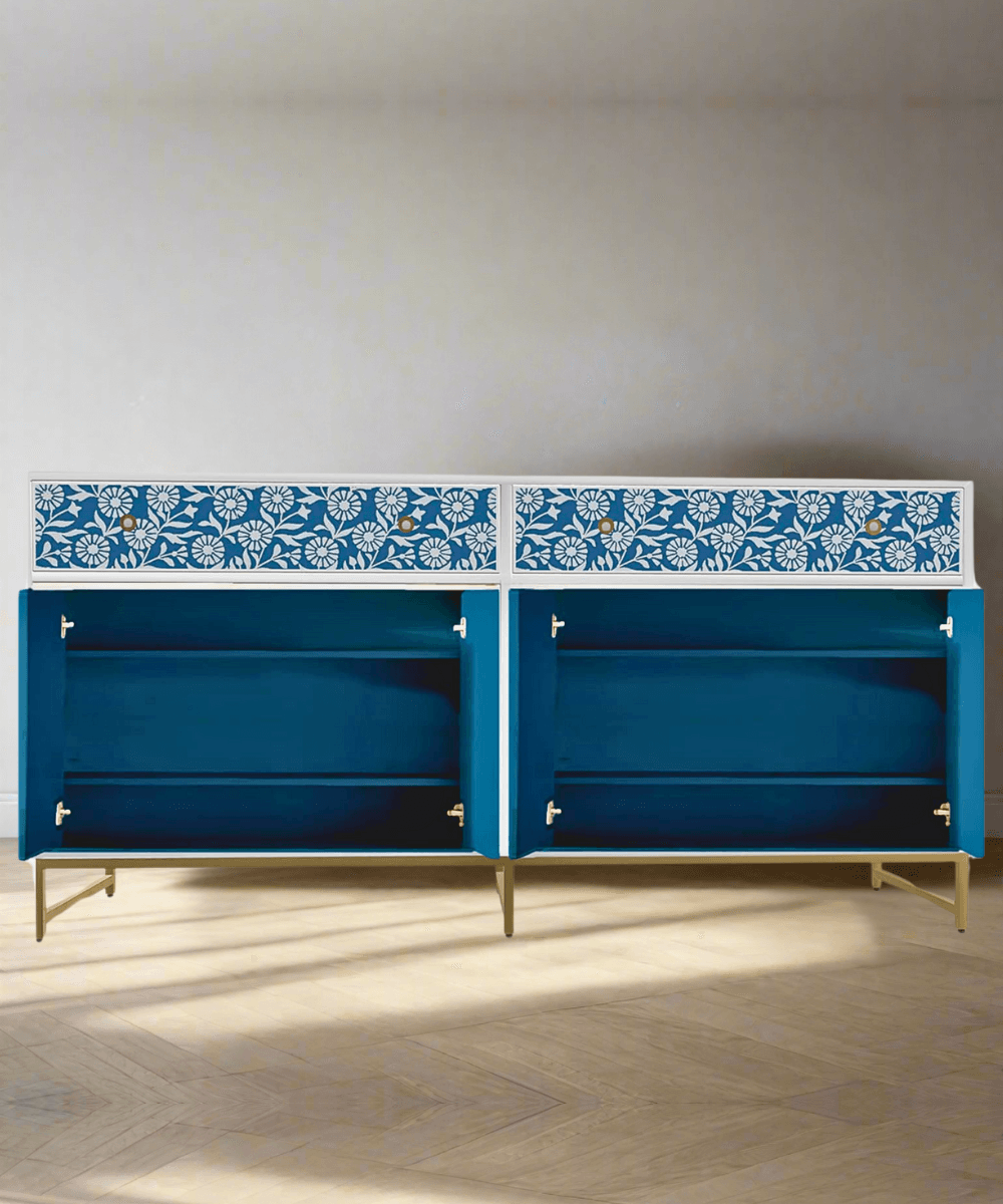 Niktan Export Teal Bloom Bone Inlay Sideboard in Matte Finish - NikTan Export