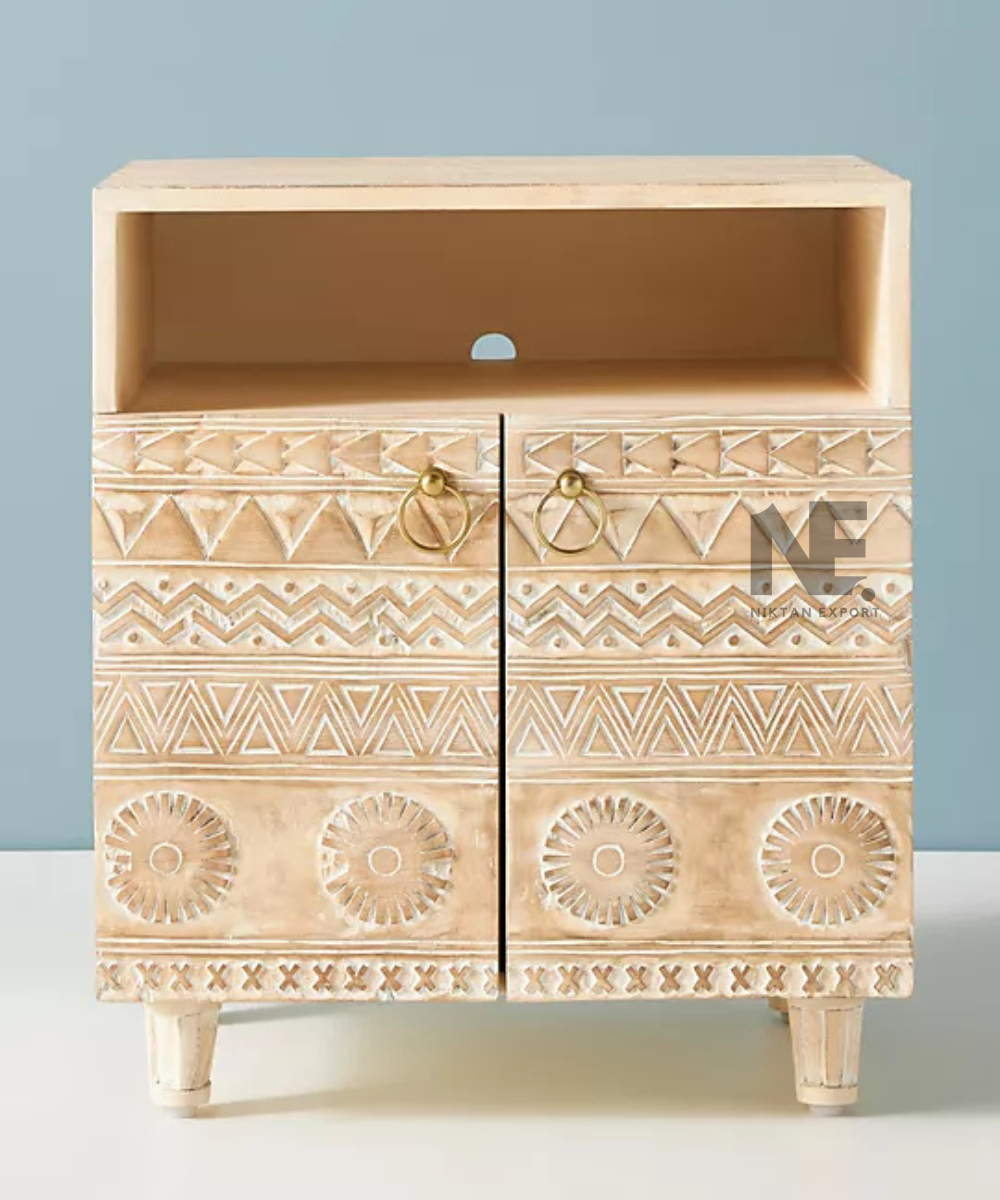 Front view of cream bedside cabinet with geometric patterns