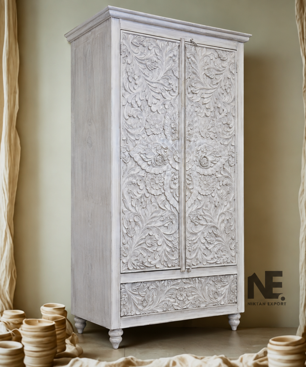Hand-Carved Mango Wood Wardrobe Whitewashed Floral Armoire