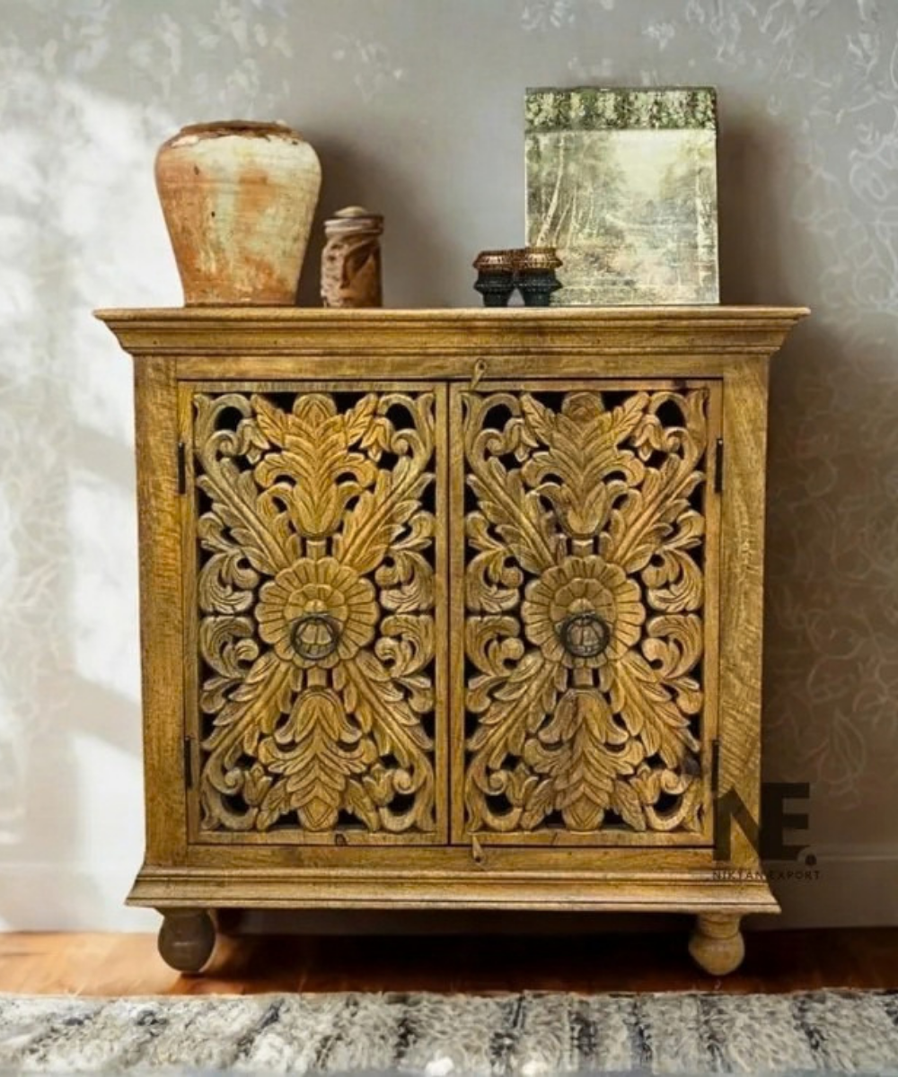 Hand-carved mango wood sideboard with floral doors