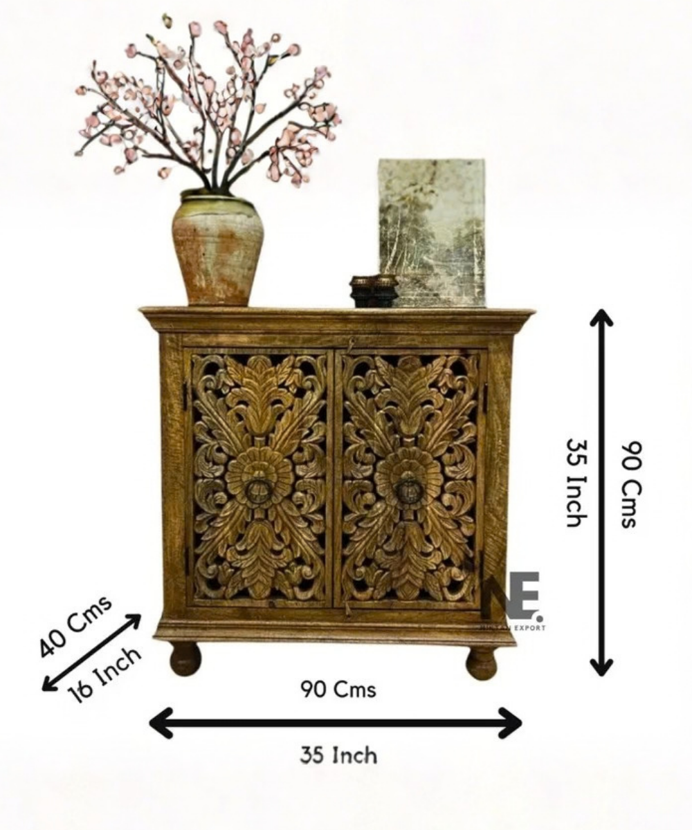 Solid mango wood sideboard with carved doors