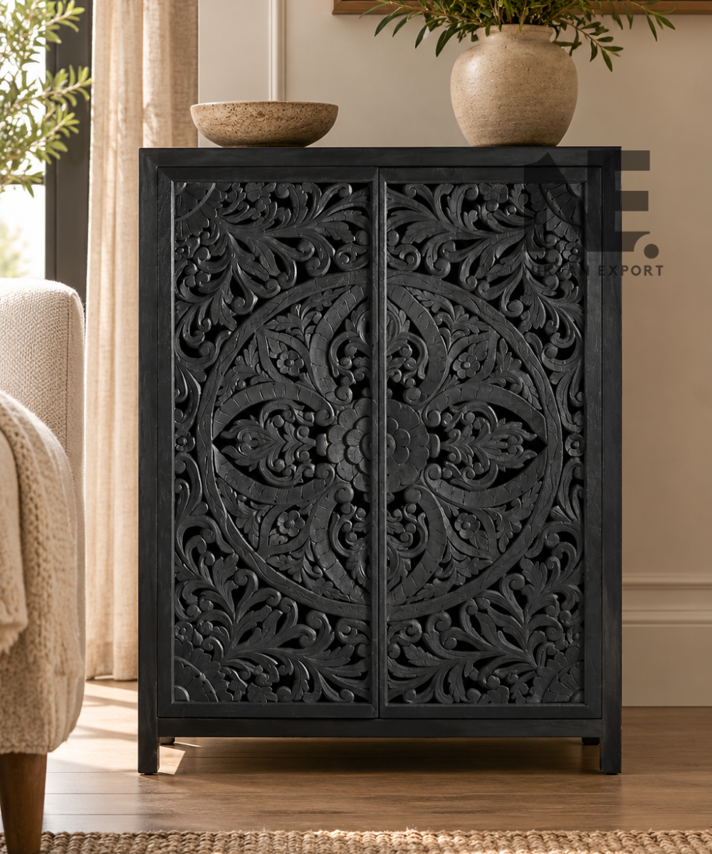Front view of black wooden cabinet with intricate carved panels