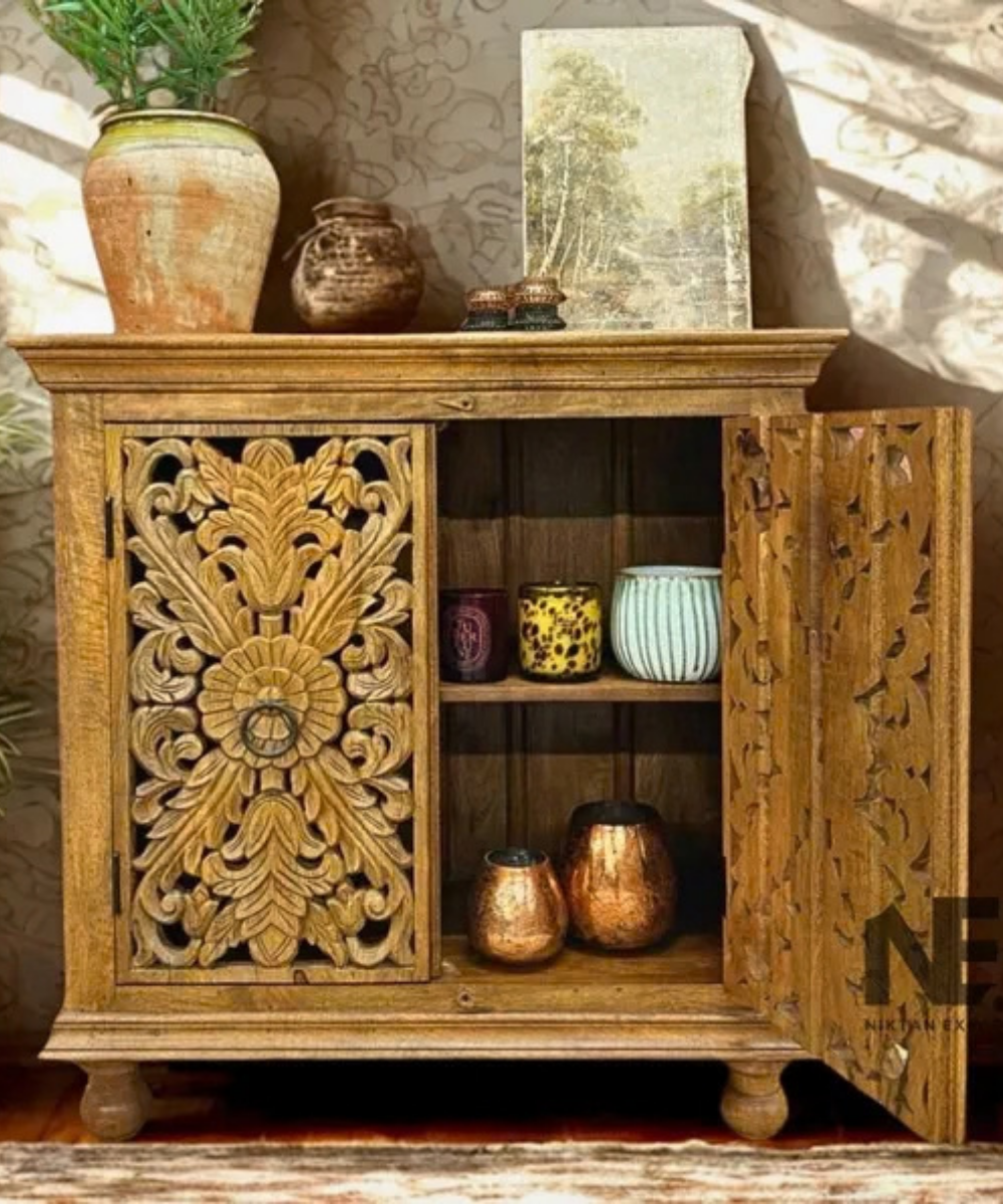 Floral carved mango wood storage cabinet