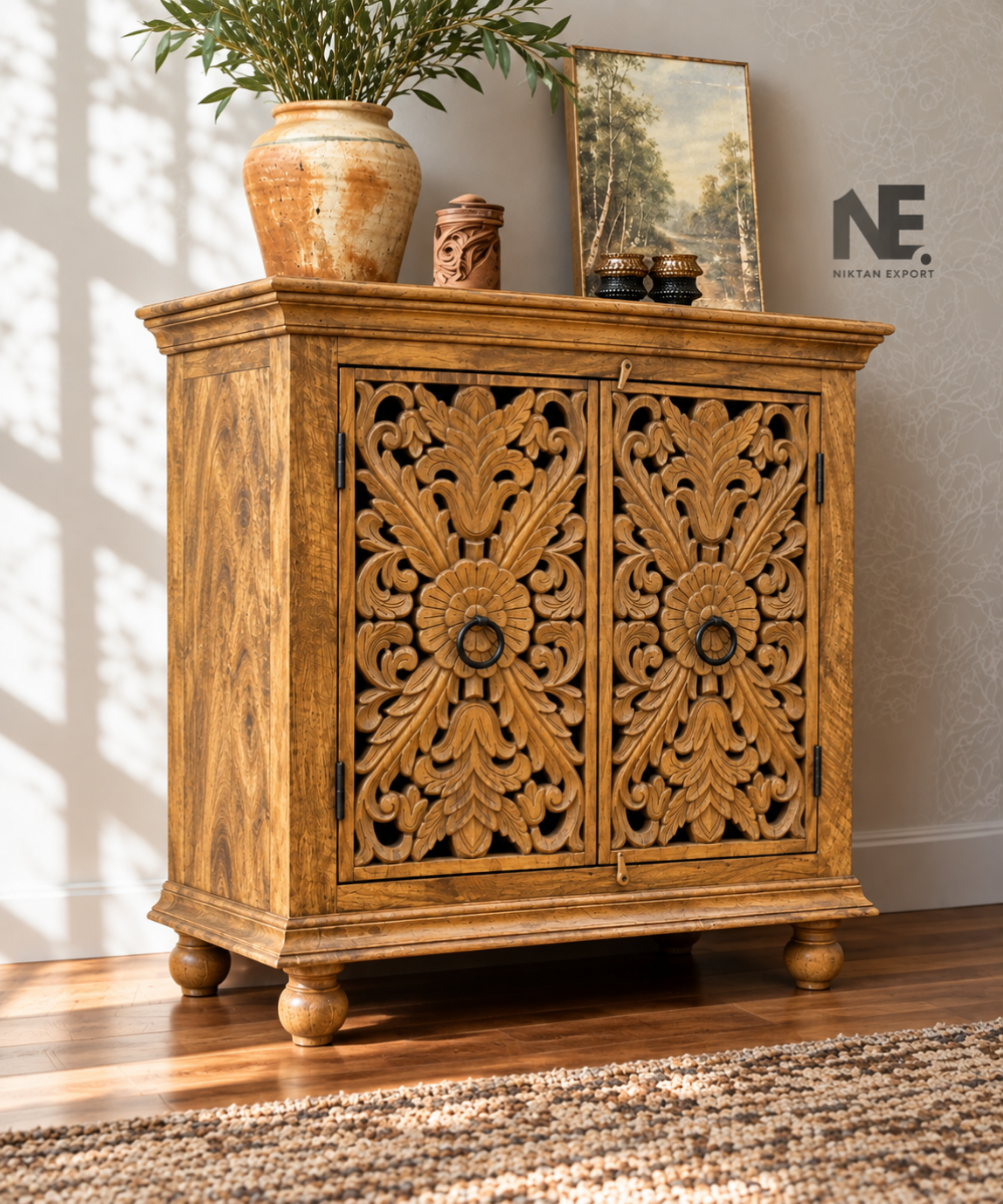 Hand-carved mango wood sideboard handmade in India