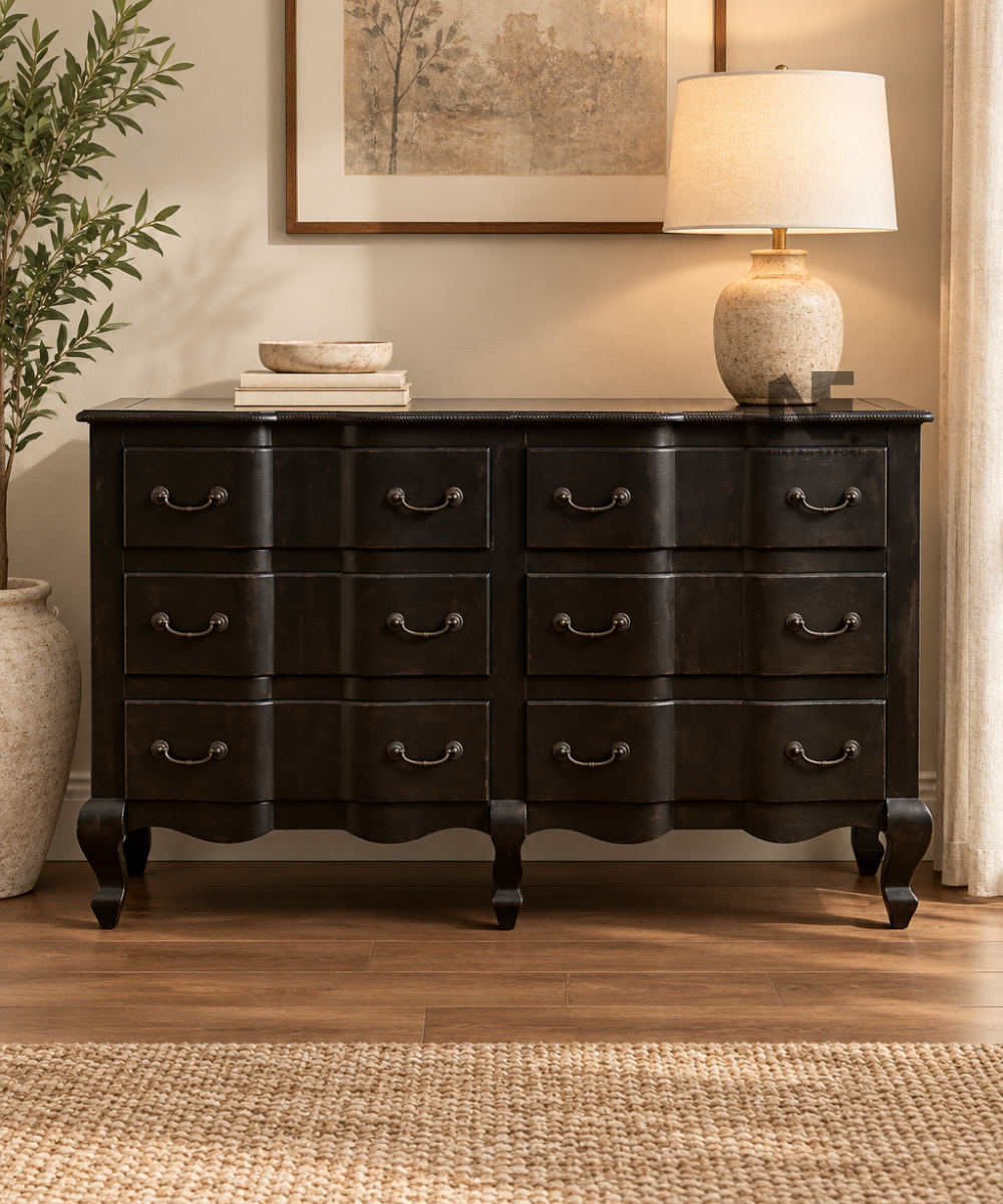 Black wooden dresser with six drawers and antique-style handles