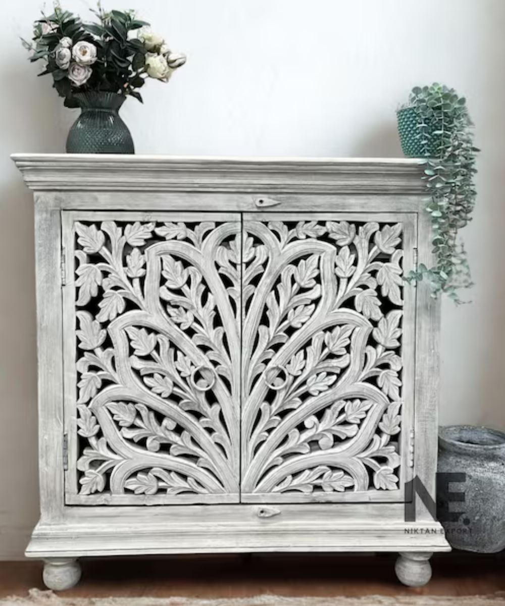 Hand-carved mango wood sideboard with floral leaf design