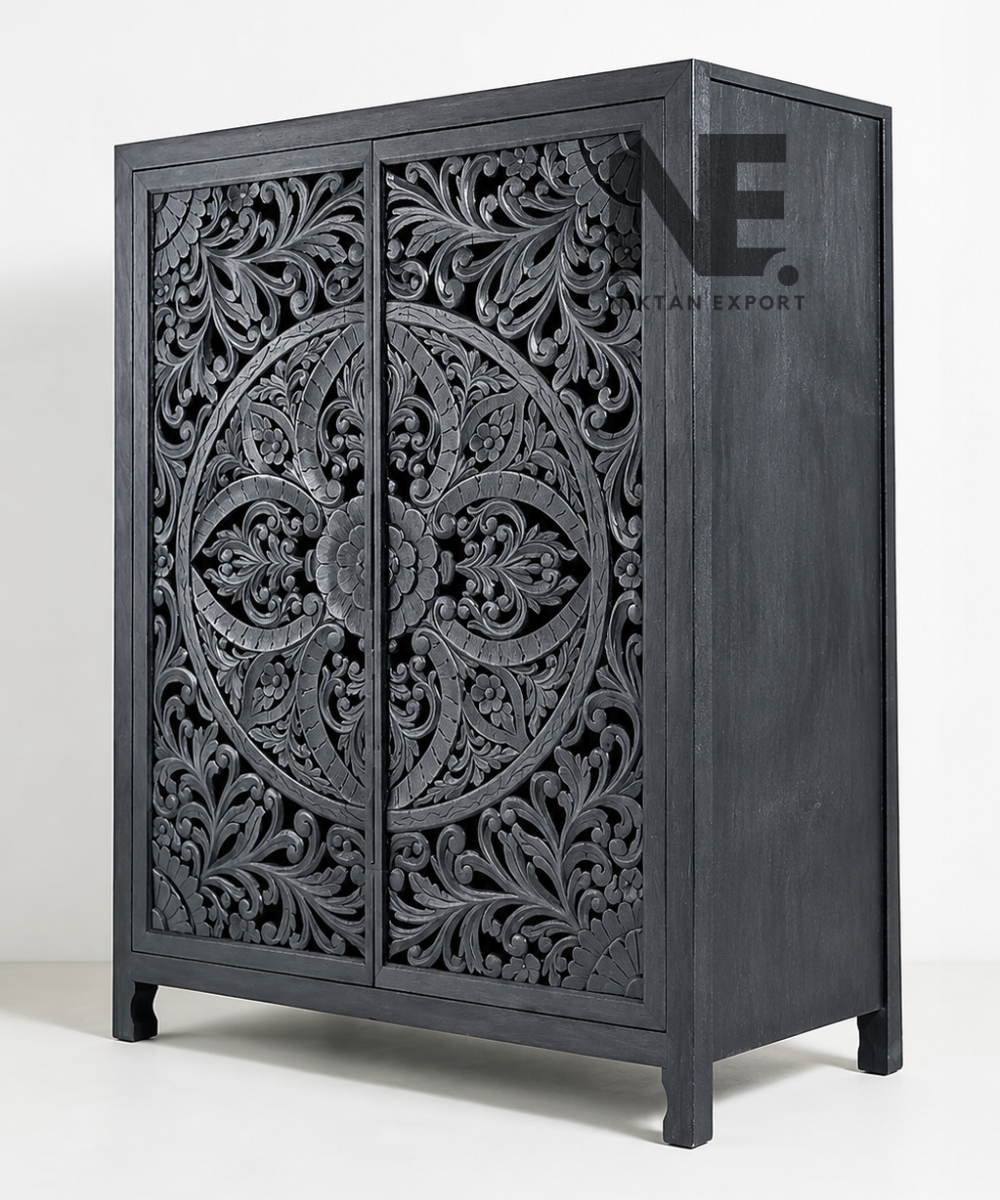 Ornate black storage cabinet with double carved doors