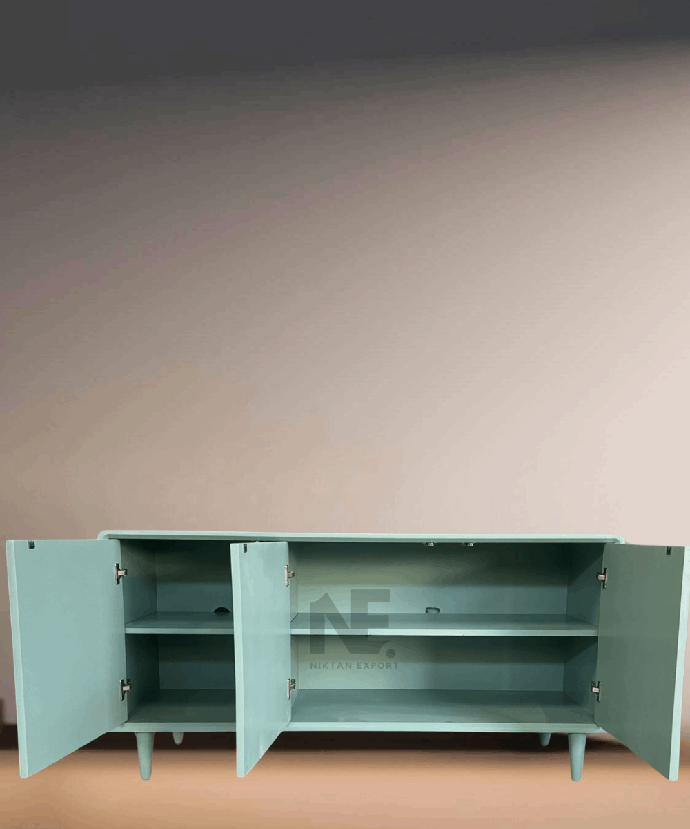 Cabinet doors open, showing internal storage and shelving
