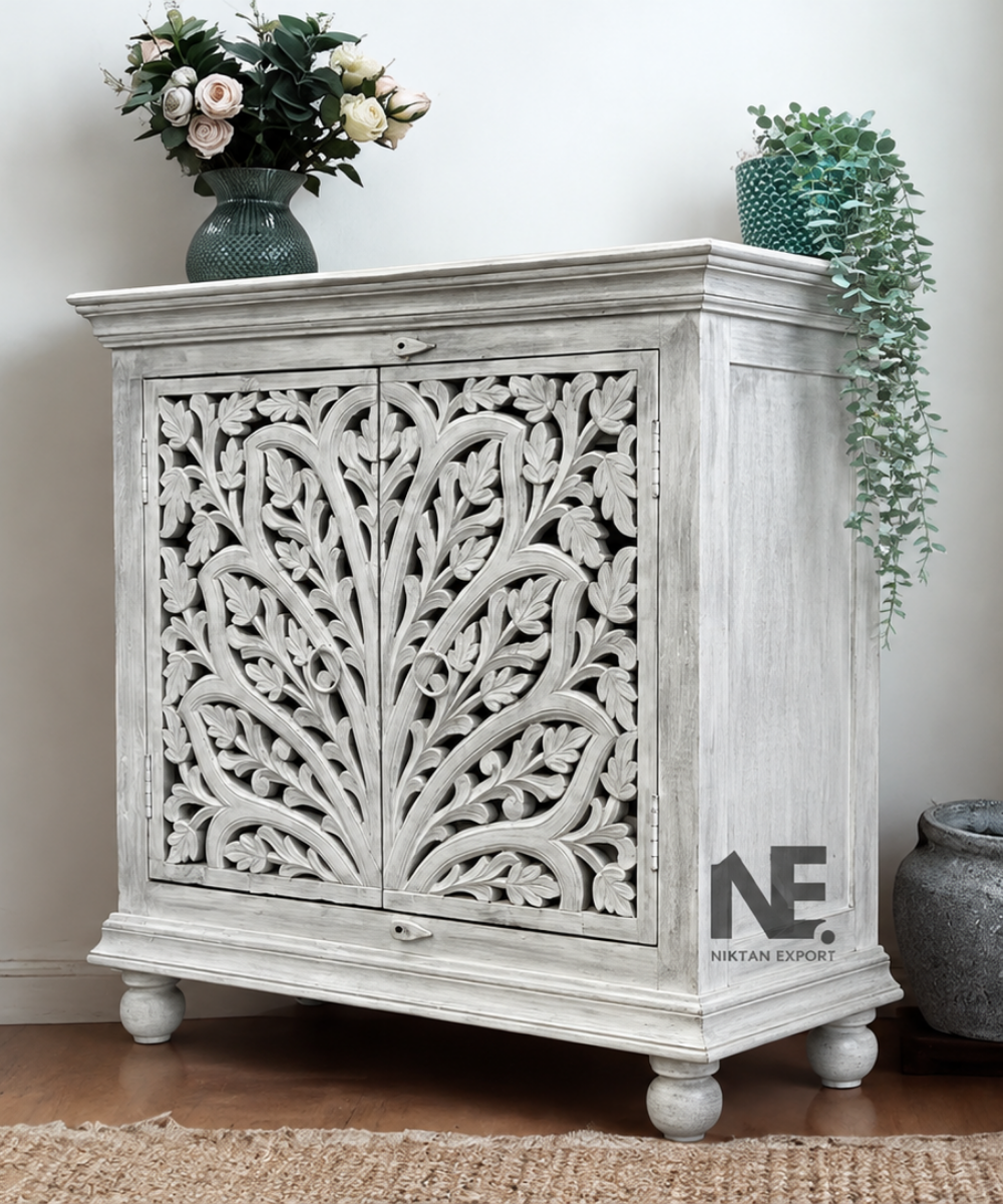 Floral leaf carved mango wood storage cabinet