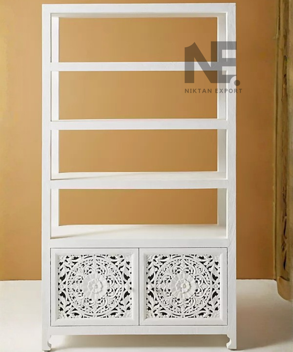 Front view of white wooden bookcase with open display shelves