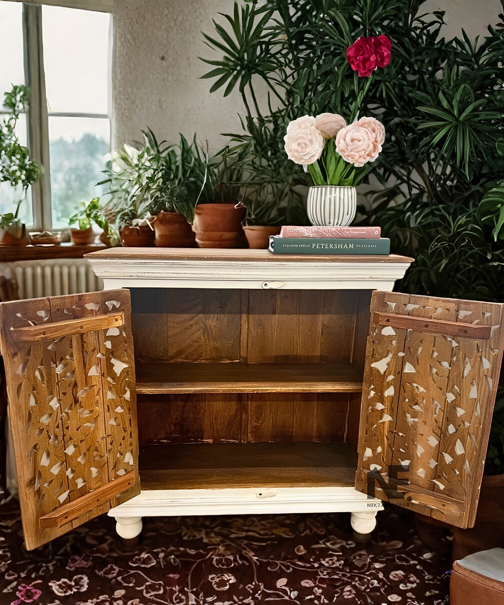 Hand-Carved Mango Wood Sideboard Floral Leaf Storage Cabinet