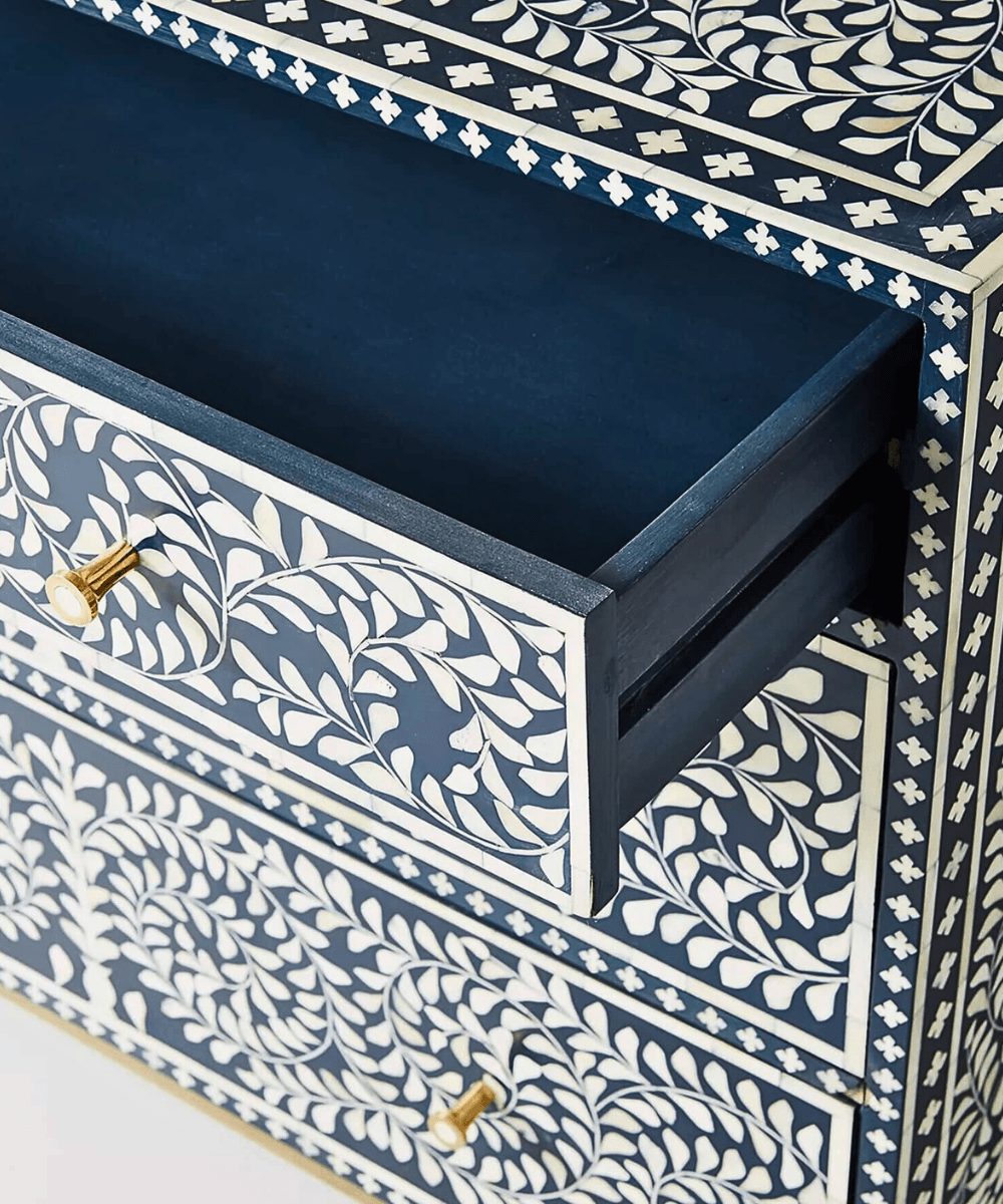 Niktan Export Bone Inlay Chest of Drawers Cleo Design Indigo Finish - NikTan Export