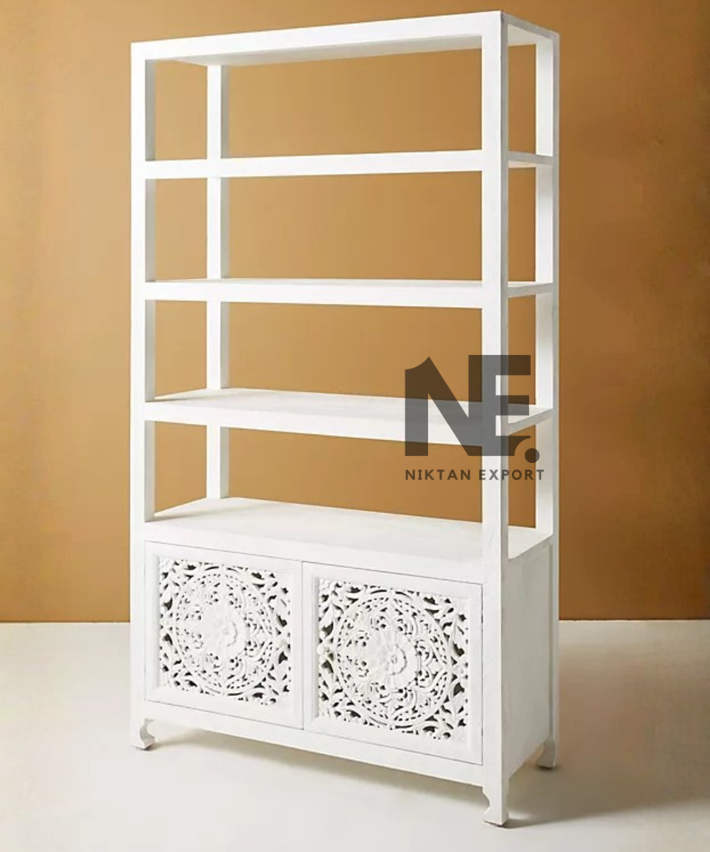 Floral mandala carving on white bookcase cabinet doors
