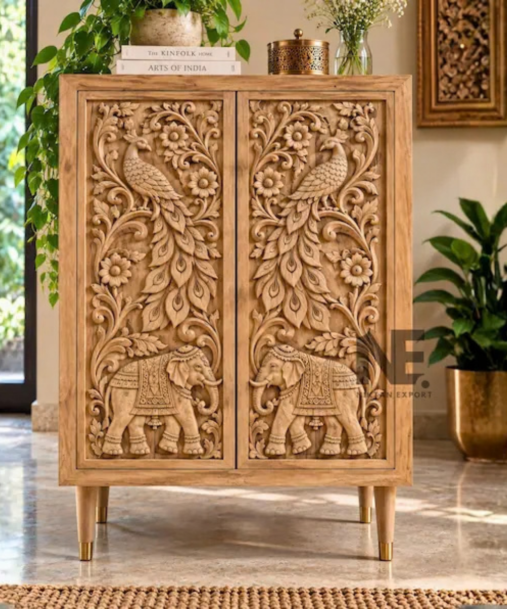 Hand-carved elephant and peacock mango wood cabinet