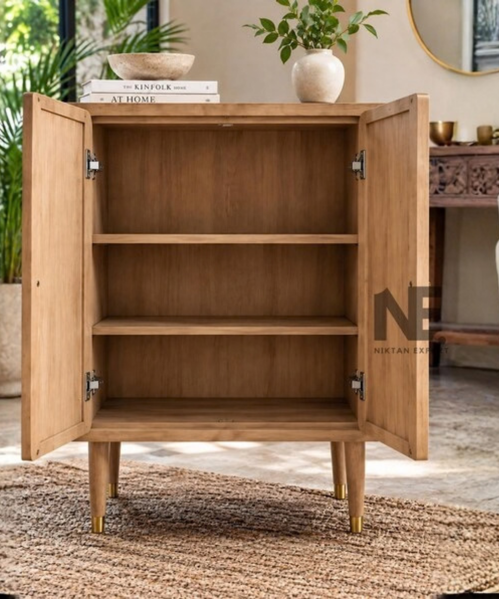 Elephant and peacock carved wooden storage cabinet