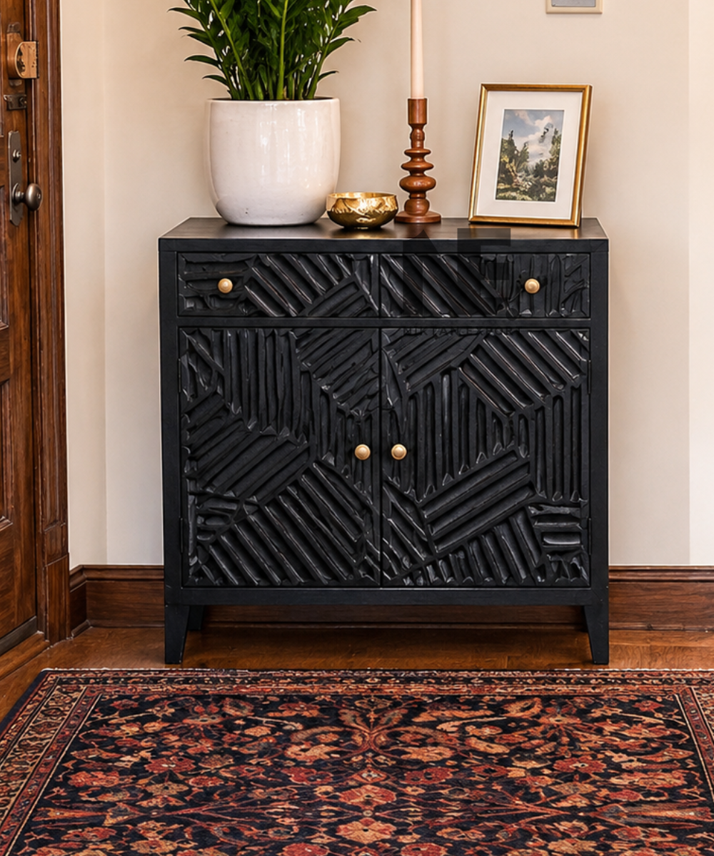 Deep navy blue carved wooden cabinet with two doors