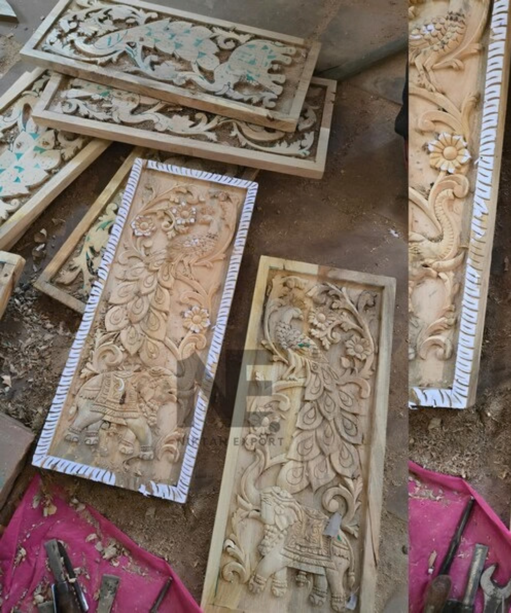 Hand-carved mango wood cabinet with two peacocks