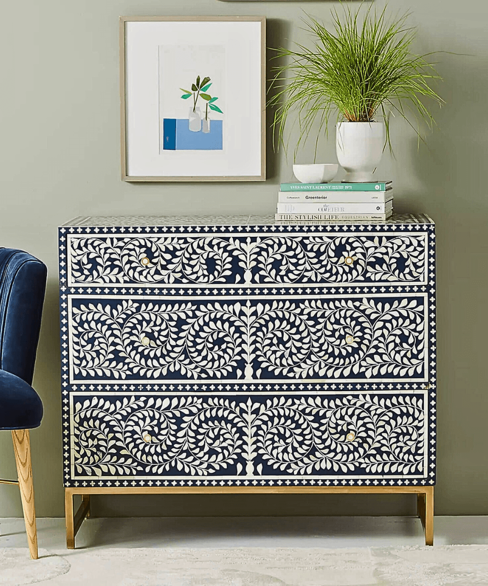 Niktan Export Bone Inlay Chest of Drawers Cleo Design Indigo Finish - NikTan Export